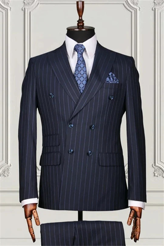 Suzhoufashion Navy Formal Striped Double Breasted Bespoke Men Suits
