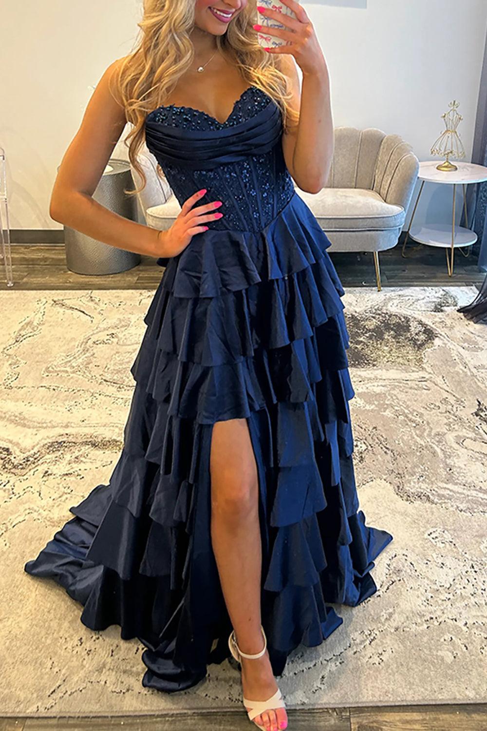 Suzhoufashion Navy Satin Corset Prom Dress Sweetheart A Line Long Formal Dress With Ruffles