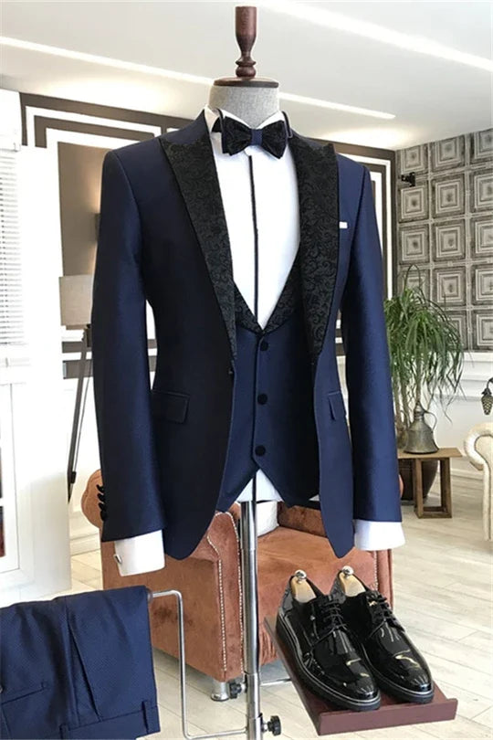 Suzhoufashion Navy Three Pieces Peaked Lapel Wedding Groom Suits
