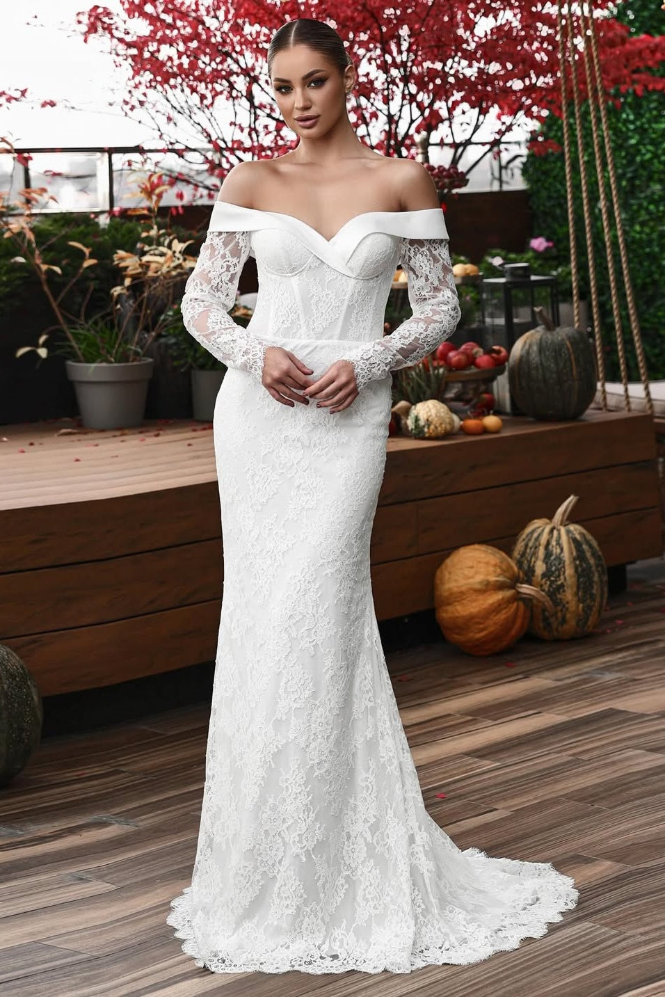Suzhoufashion Off The Shoulder Beach Wedding Dress Long Sleeve Lace SheathColumn Bridal Gown