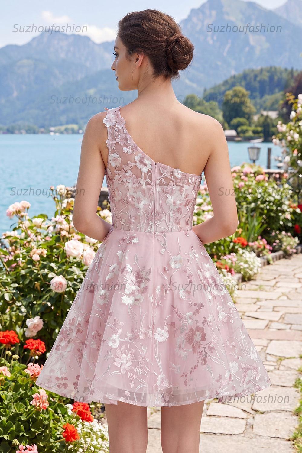 Suzhoufashion One Shoulder Floral Pink Short Corset Homecoming Dress