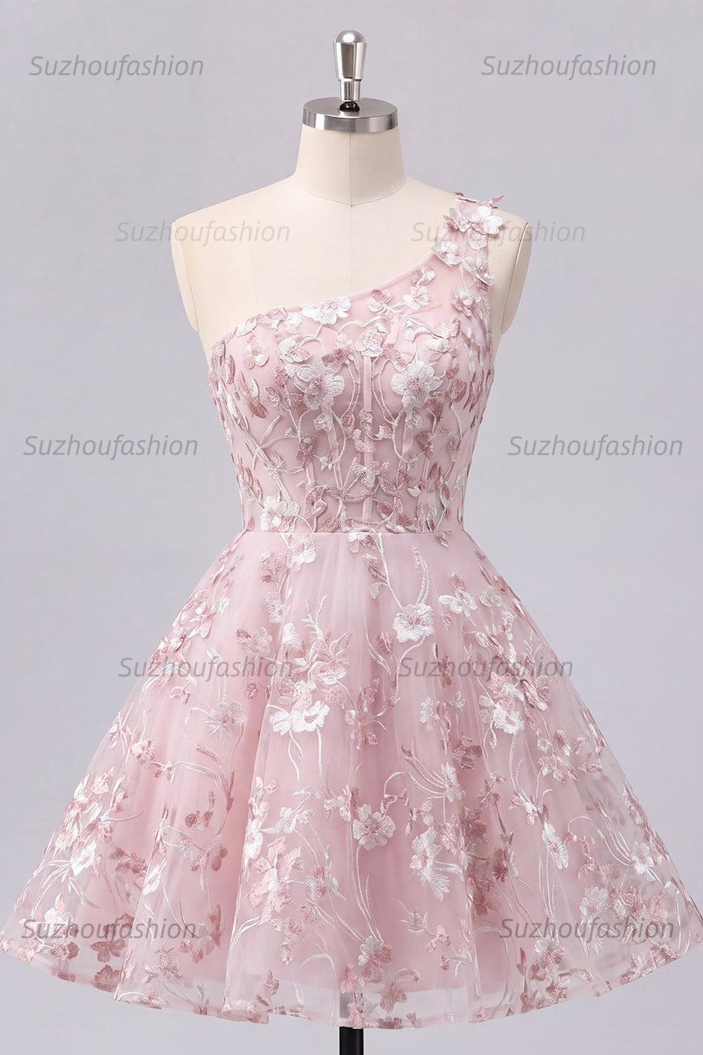 Suzhoufashion One Shoulder Floral Pink Short Corset Homecoming Dress