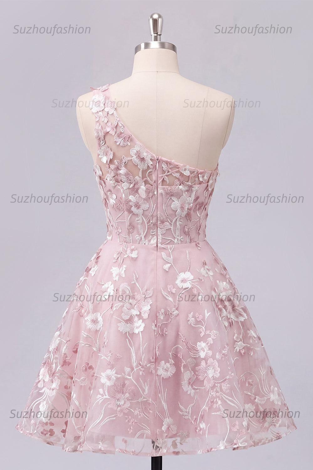 Suzhoufashion One Shoulder Floral Pink Short Corset Homecoming Dress