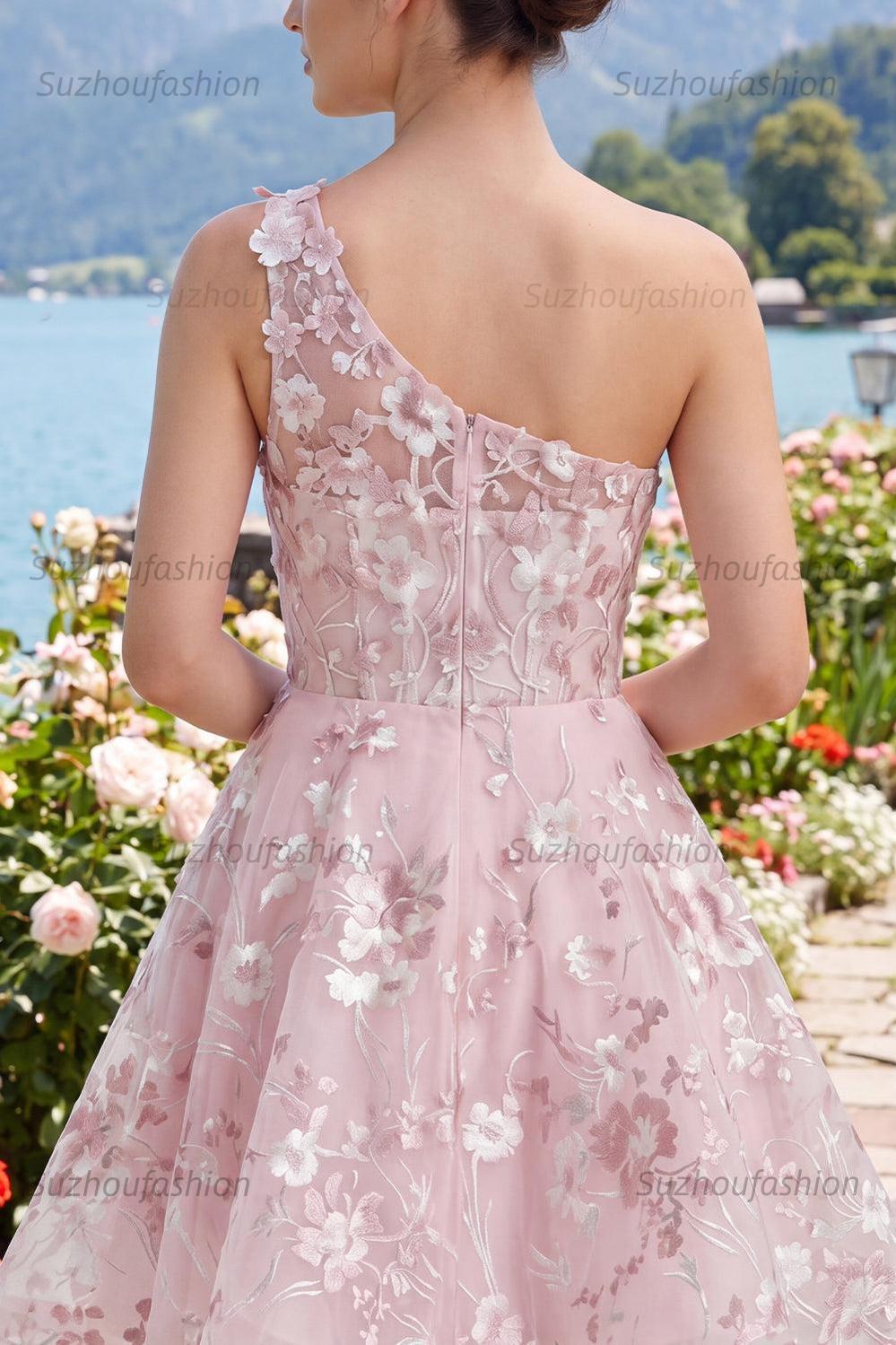 Suzhoufashion One Shoulder Floral Pink Short Corset Homecoming Dress
