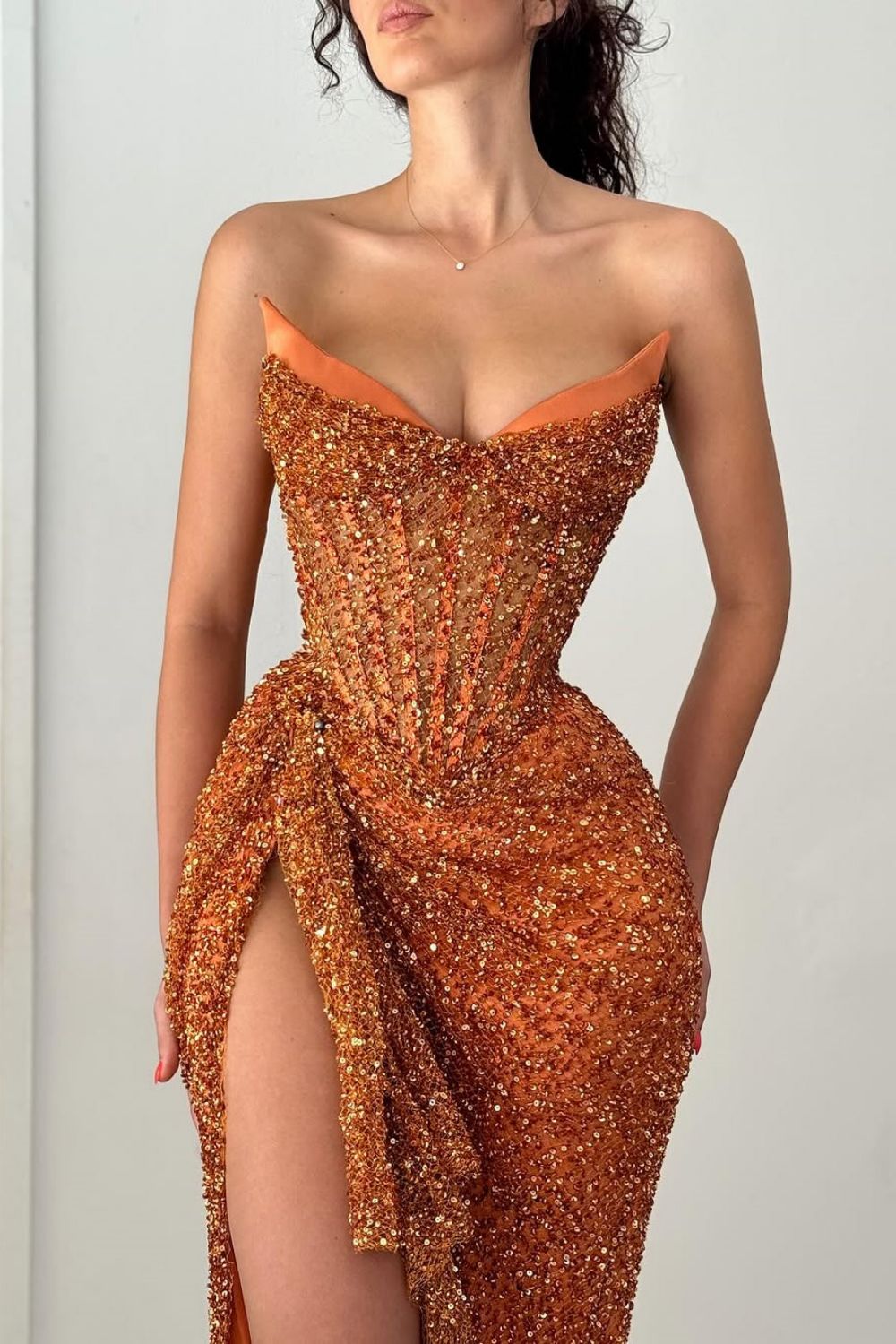 Suzhoufashion Orange Strapless Sequin Prom Dress With Corset And Slit Formal Evening Gown