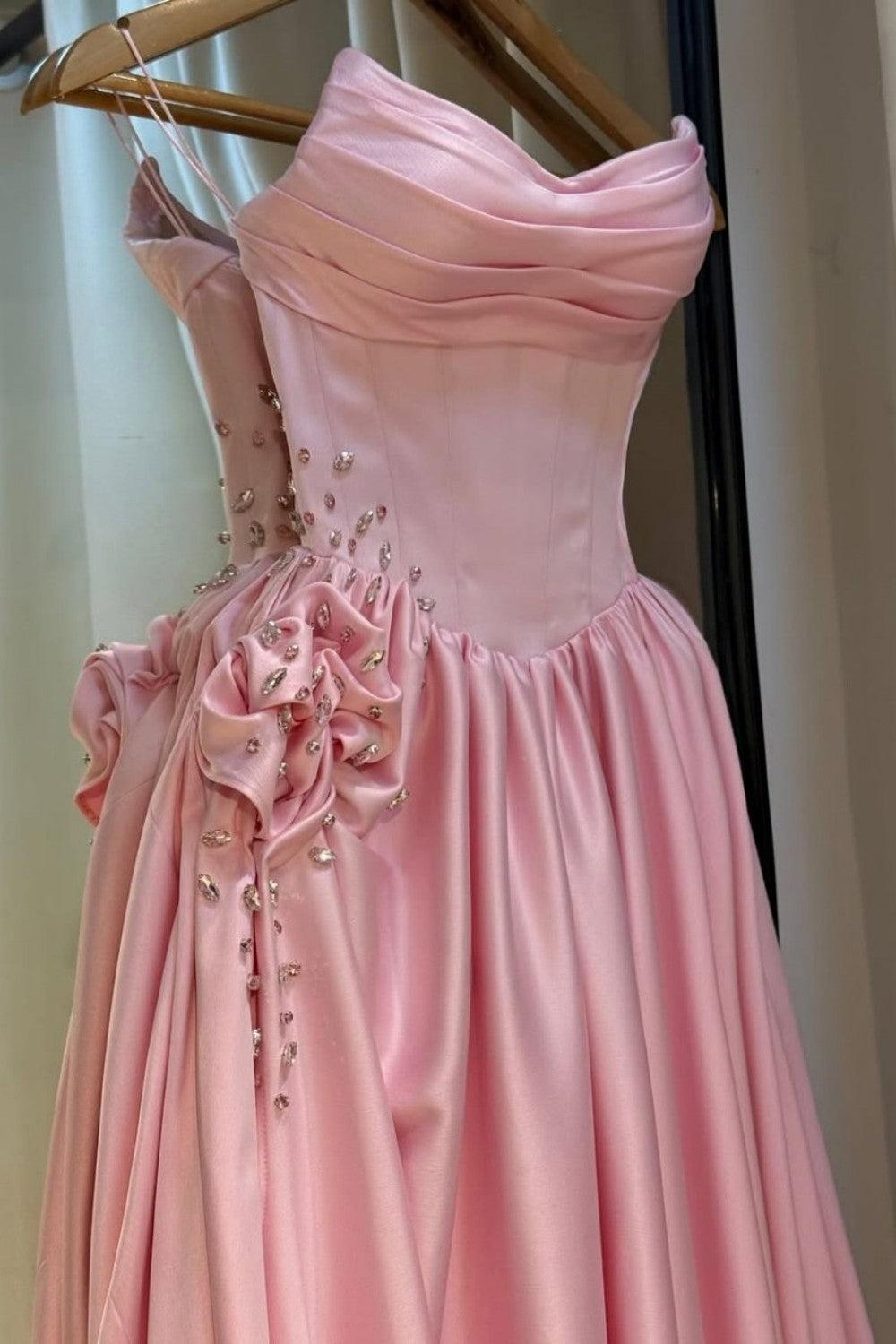 Suzhoufashion Pale Pink Satin Strapless Homecoming Dress With Rhinestone 3D Flower And High Slit Formal Evening Gown