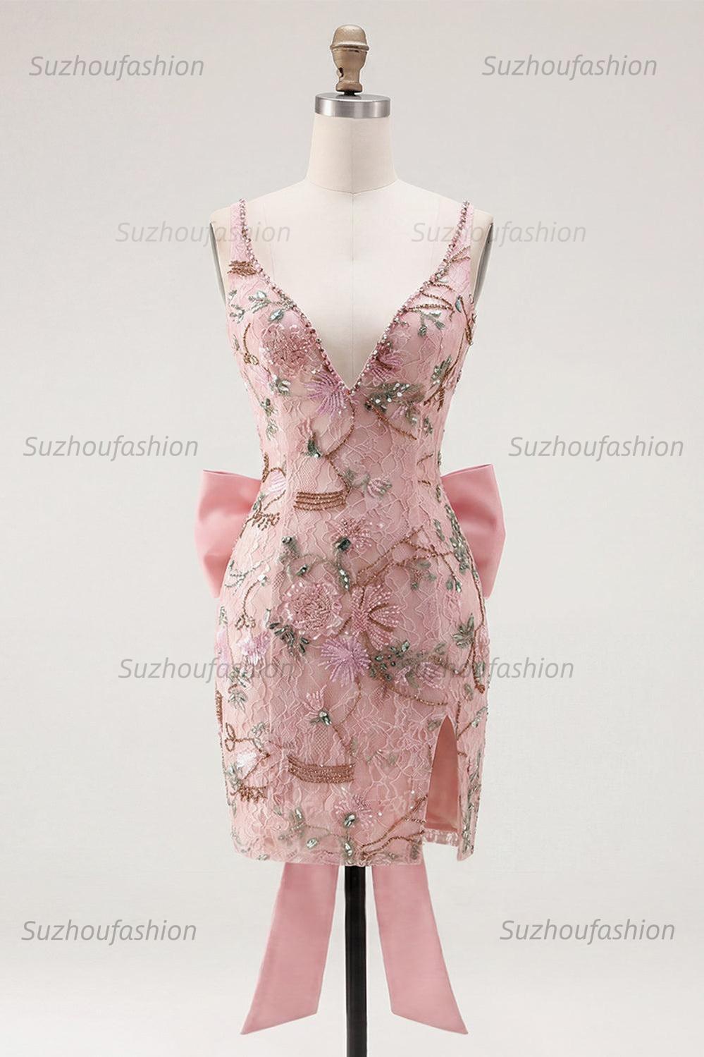 Suzhoufashion Pink Beaded Floral Short Homecoming Dress | V-Neck Bodycon with Bow
