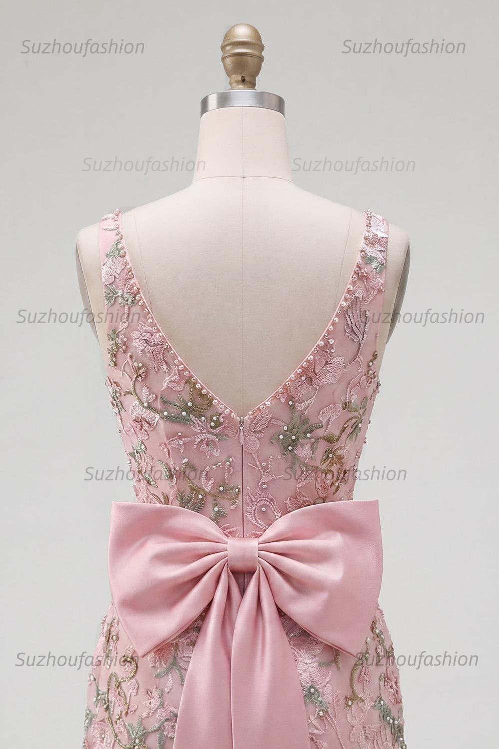 Suzhoufashion Pink Beaded Floral Short Homecoming Dress | V-Neck Bodycon with Bow