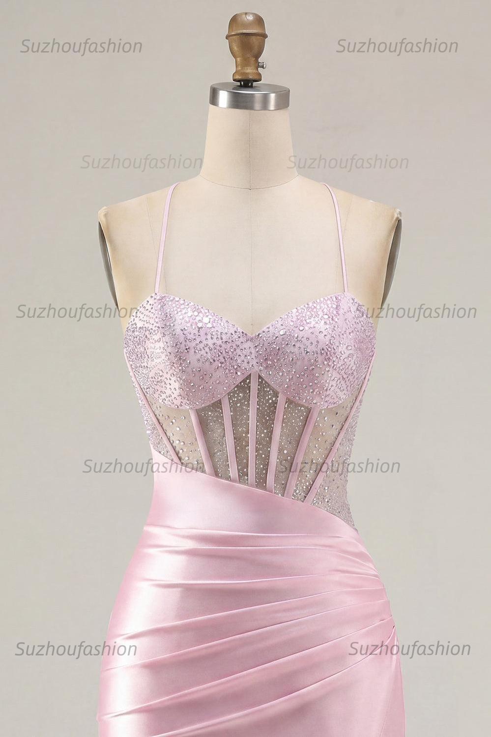 Suzhoufashion Pink Beaded Ruched Corset Tight Short Homecoming Dress with Slit