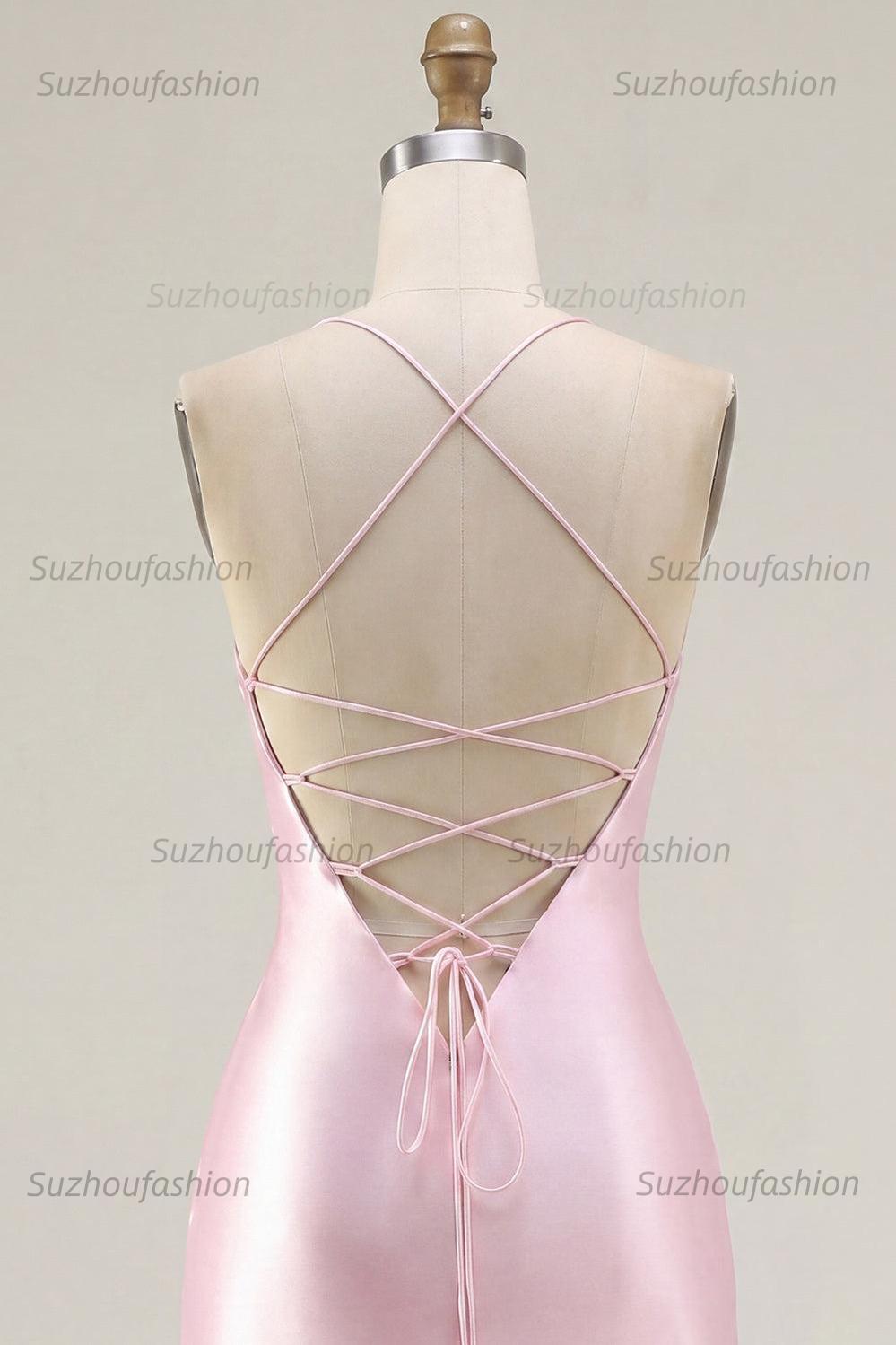Suzhoufashion Pink Beaded Ruched Corset Tight Short Homecoming Dress with Slit