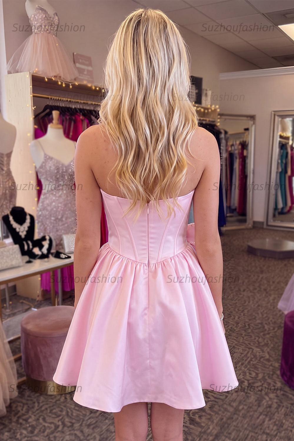 Suzhoufashion Pink Beaded Strapless A Line Short Corset Homecoming Dress with Bow