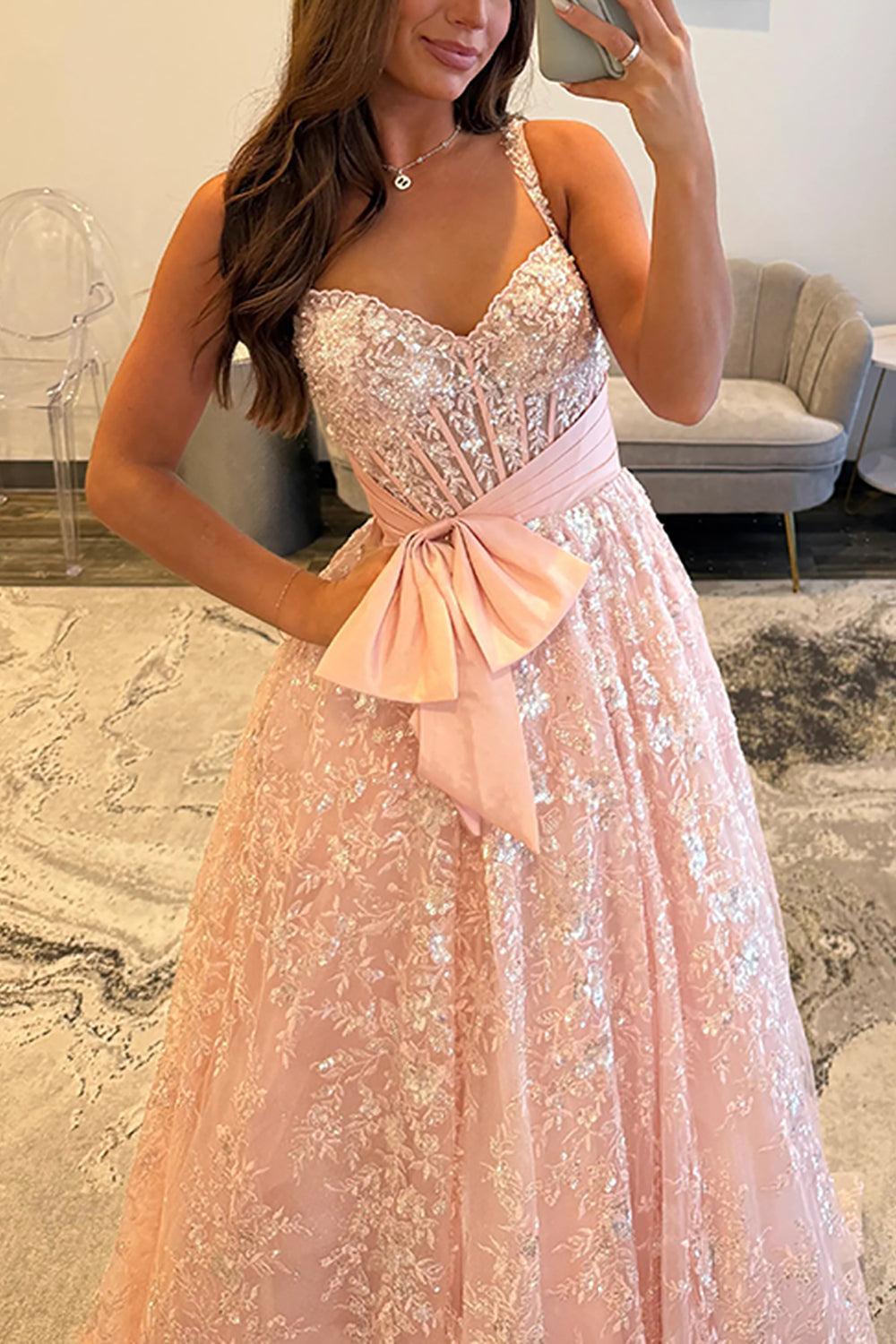 Suzhoufashion Pink Corset Prom Dress A Line Lace Long Formal Dress With Bow
