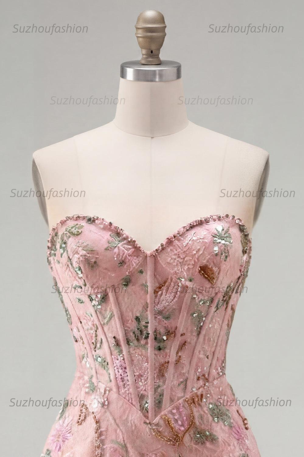 Suzhoufashion Pink Floral Beaded Corset Tight Short Homecoming Dress