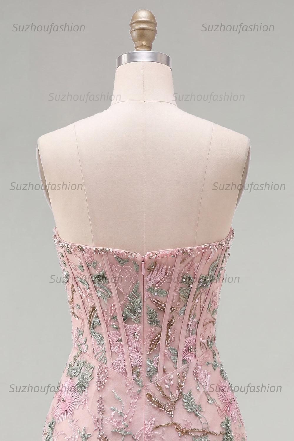 Suzhoufashion Pink Floral Beaded Corset Tight Short Homecoming Dress