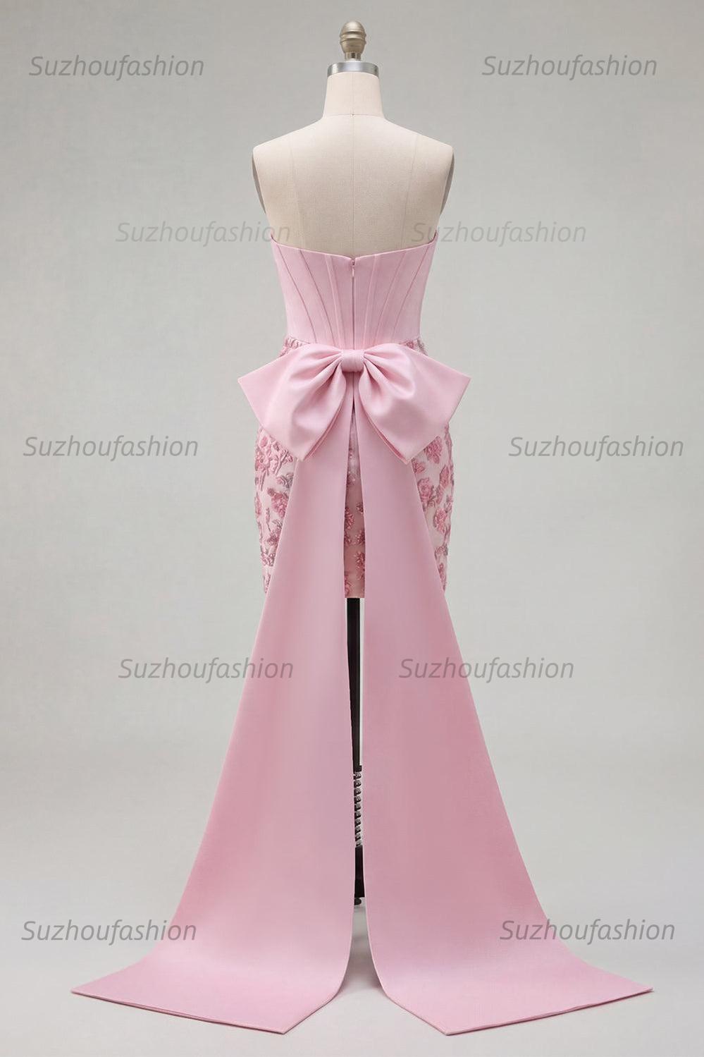 Suzhoufashion Pink Floral Beaded Corset Tight Short Homecoming Dress with Bow
