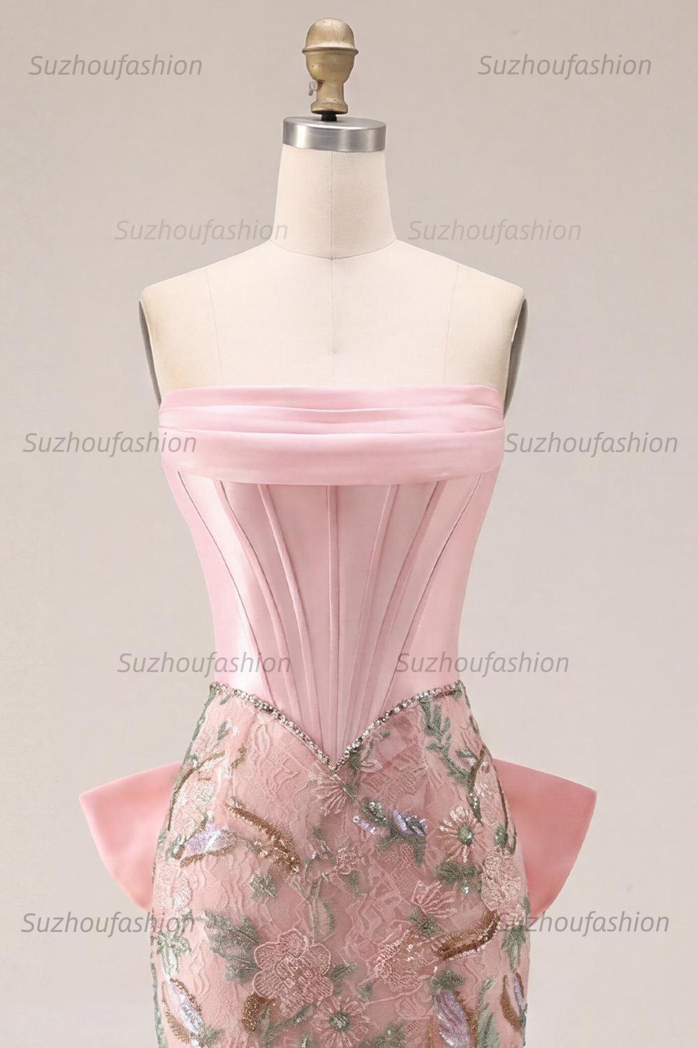 Suzhoufashion Pink Floral Beaded Corset Tight Short Homecoming Dress with Bow