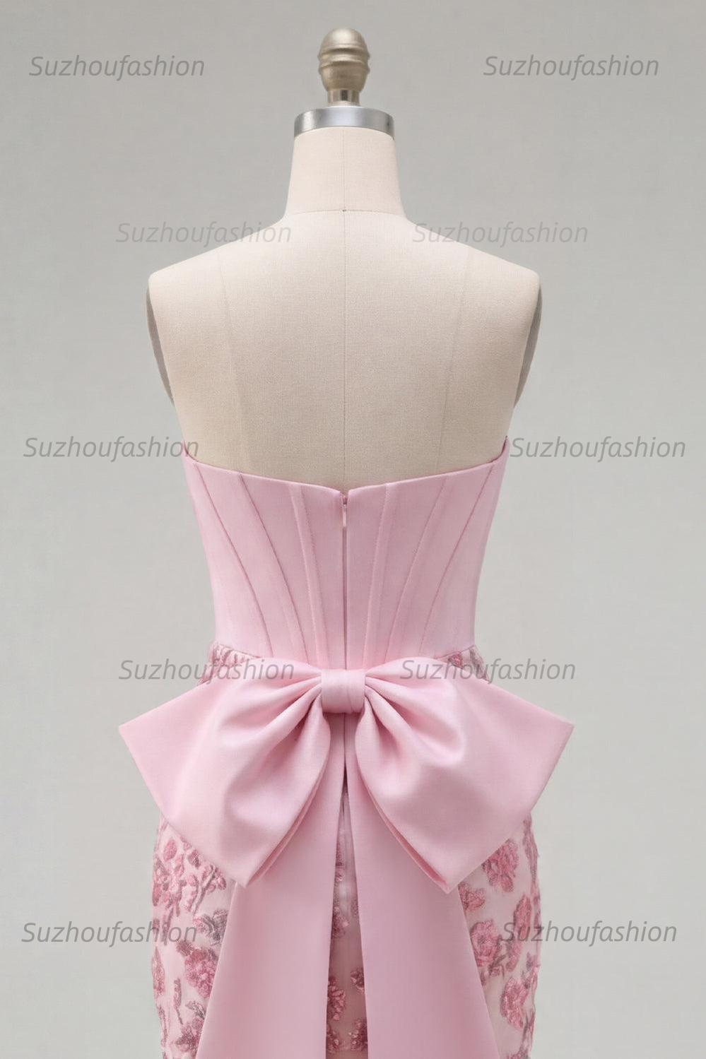 Suzhoufashion Pink Floral Beaded Corset Tight Short Homecoming Dress with Bow