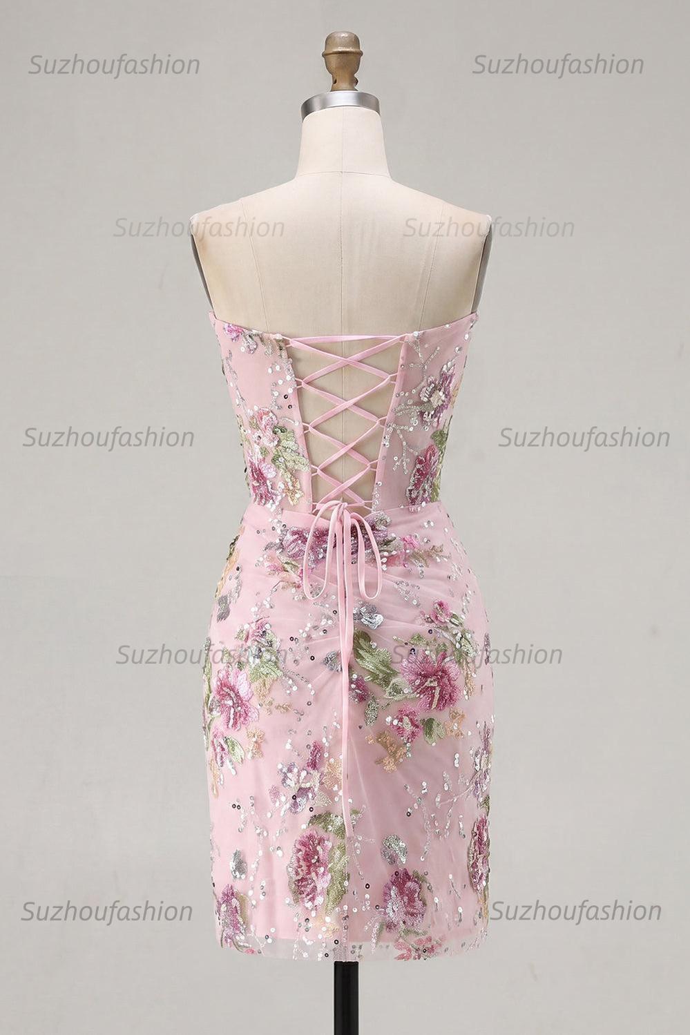 Suzhoufashion Pink Floral Beaded Ruched Corset Tight Short Homecoming Dress with Slit