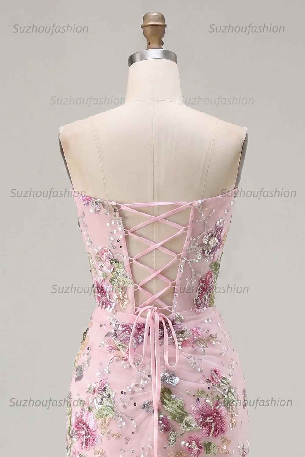 Suzhoufashion Pink Floral Beaded Ruched Corset Tight Short Homecoming Dress with Slit