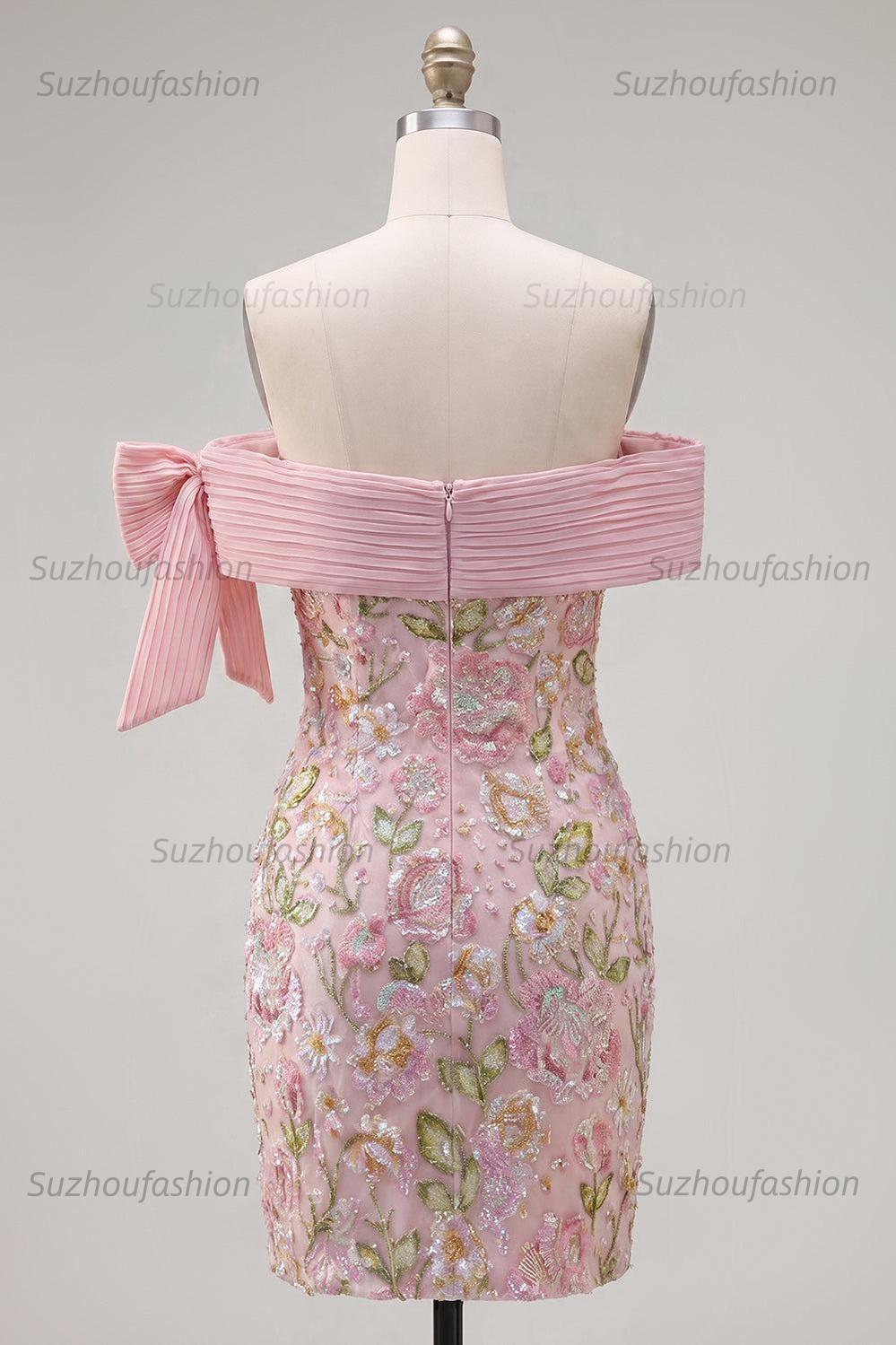 Suzhoufashion Pink Floral Beaded Tight Short Homecoming Dress with Bow