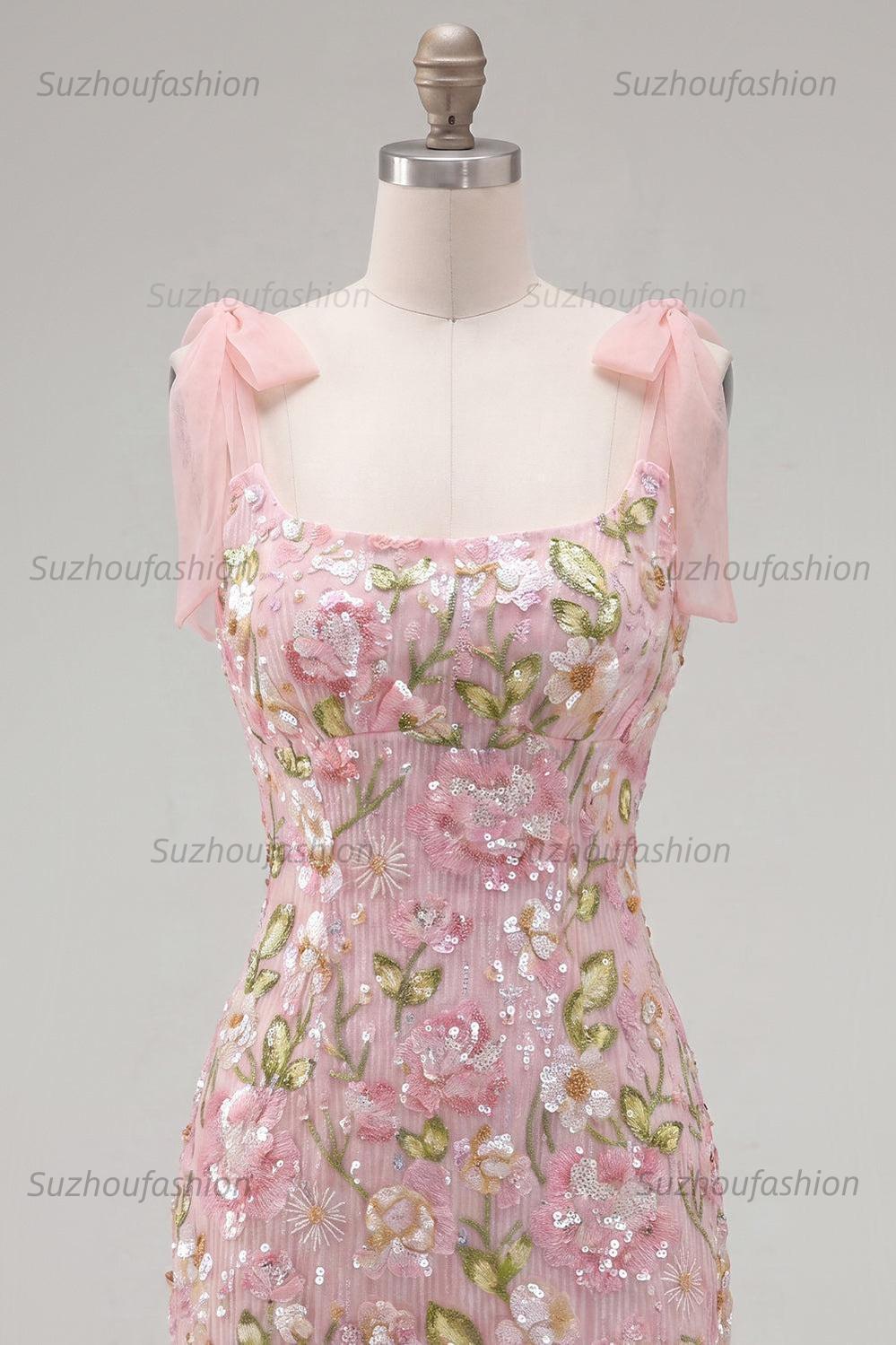 Suzhoufashion Pink Floral Beaded Tight Short Homecoming Dress with Bows