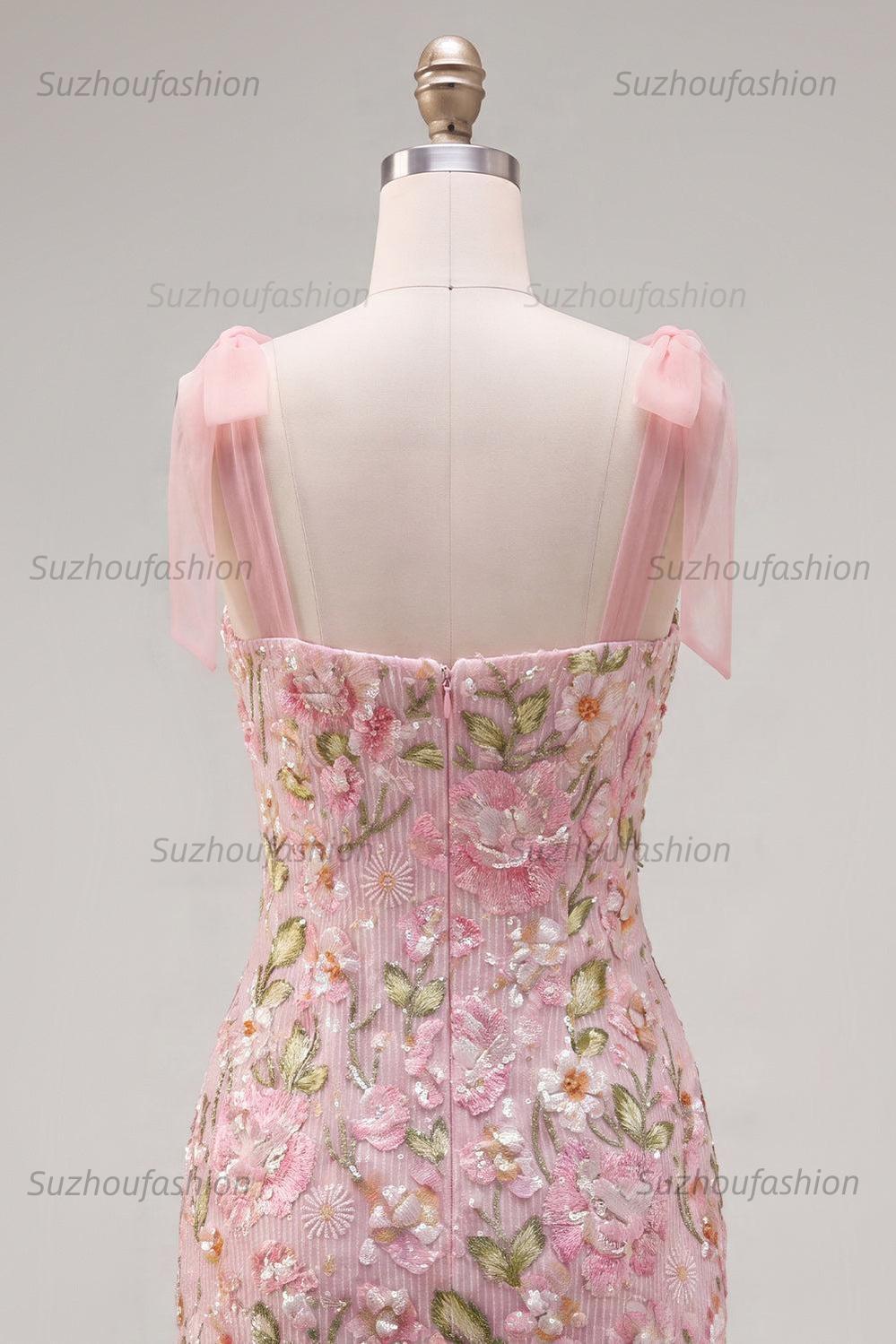Suzhoufashion Pink Floral Beaded Tight Short Homecoming Dress with Bows
