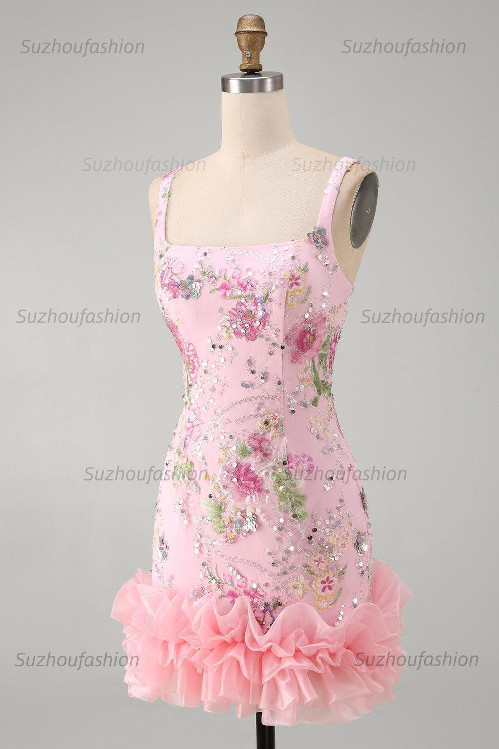 Suzhoufashion Pink Floral Beaded Tight Short Homecoming Dress with Ruffles