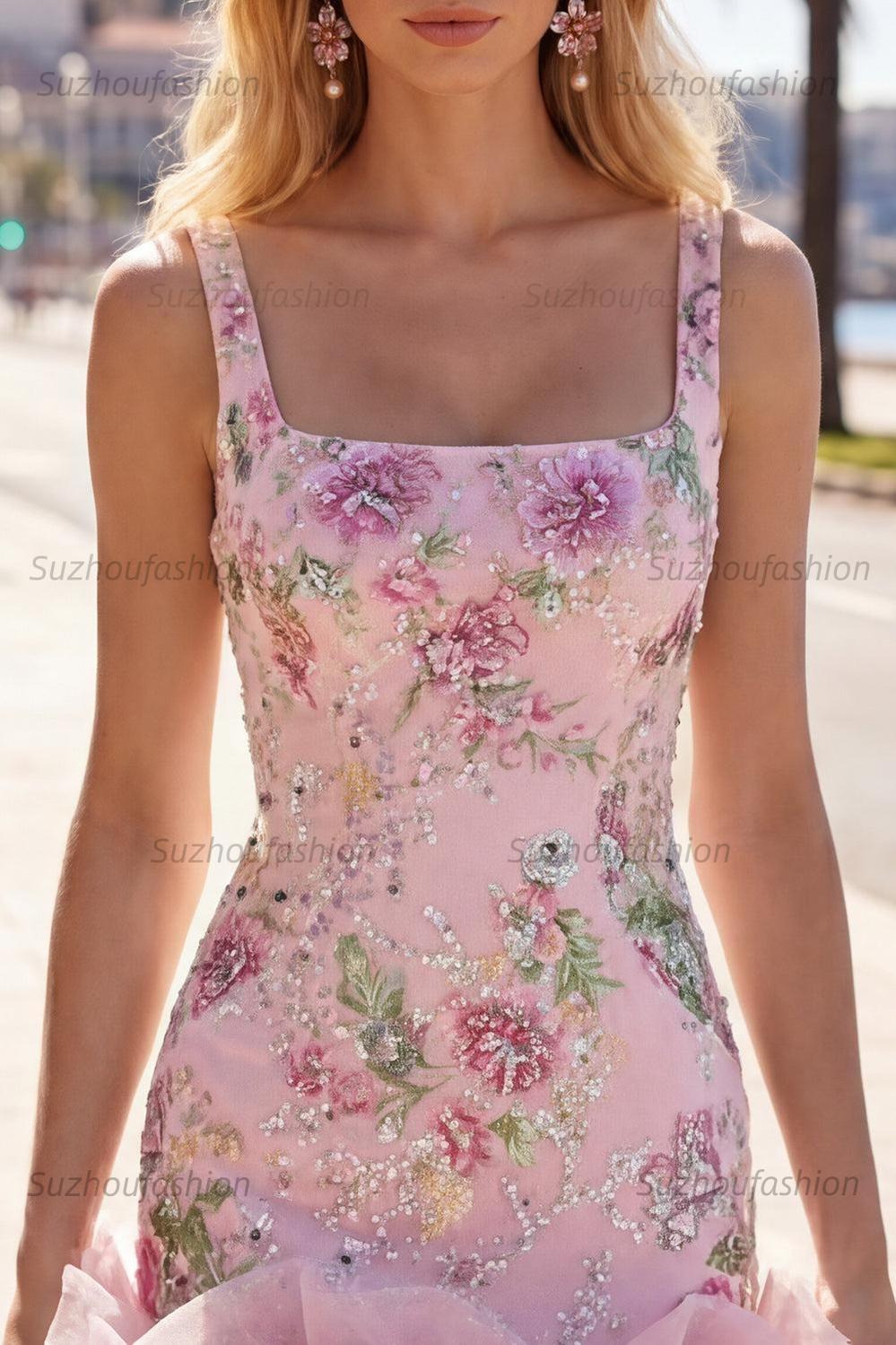 Suzhoufashion Pink Floral Beaded Tight Short Homecoming Dress with Ruffles