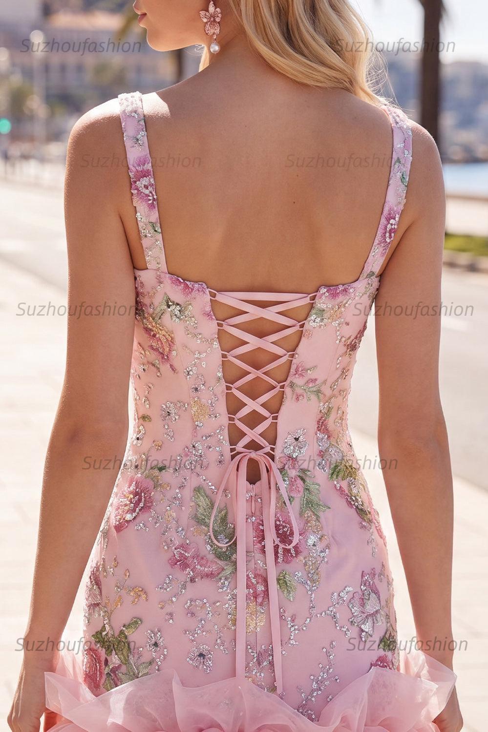 Suzhoufashion Pink Floral Beaded Tight Short Homecoming Dress with Ruffles