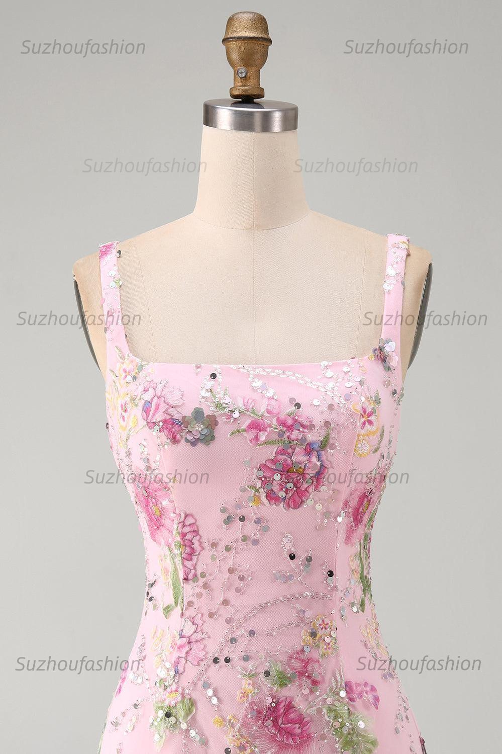 Suzhoufashion Pink Floral Beaded Tight Short Homecoming Dress with Ruffles