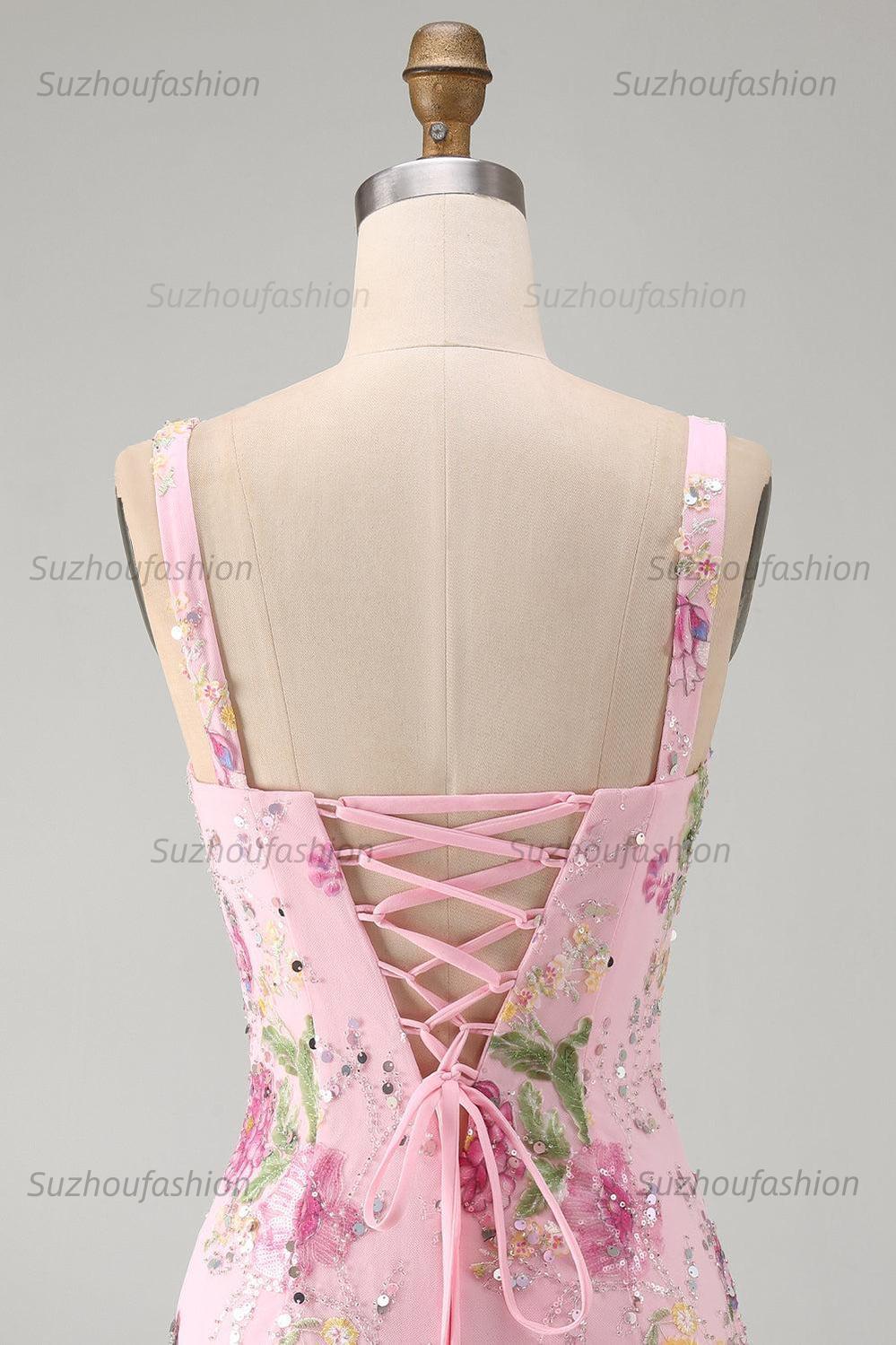 Suzhoufashion Pink Floral Beaded Tight Short Homecoming Dress with Ruffles