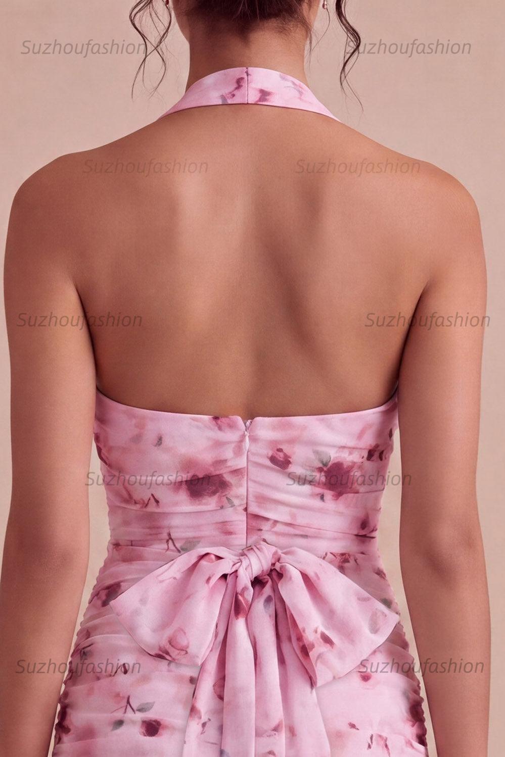 Suzhoufashion Pink Floral Halter Ruched Tight Short Homecoming Dress with Bow