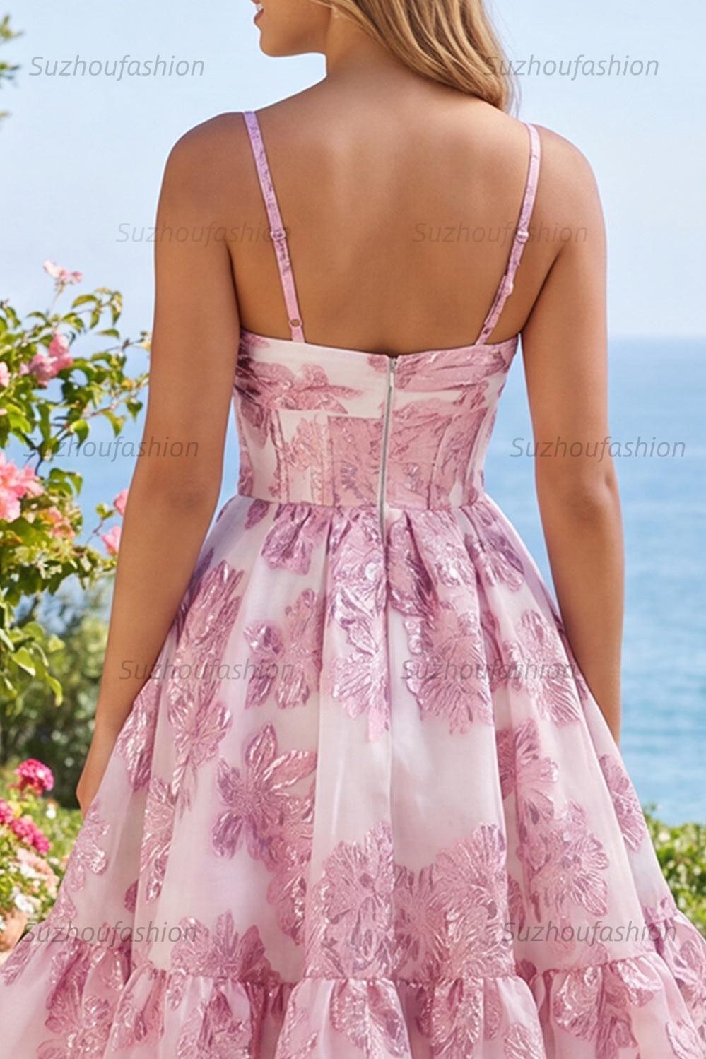 Suzhoufashion Pink Floral Keyhole Corset Short Homecoming Dress with 3D Flower