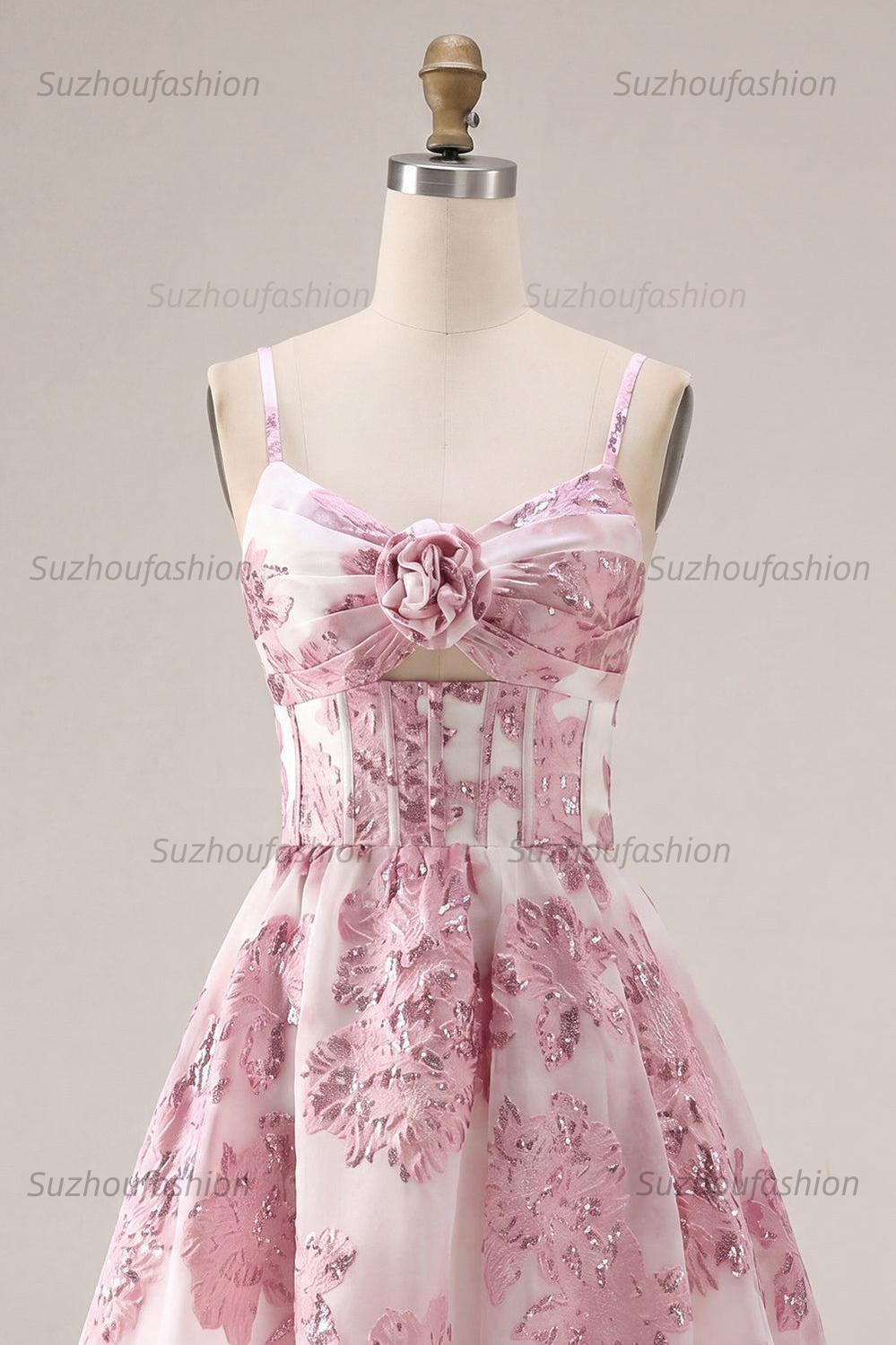 Suzhoufashion Pink Floral Keyhole Corset Short Homecoming Dress with 3D Flower