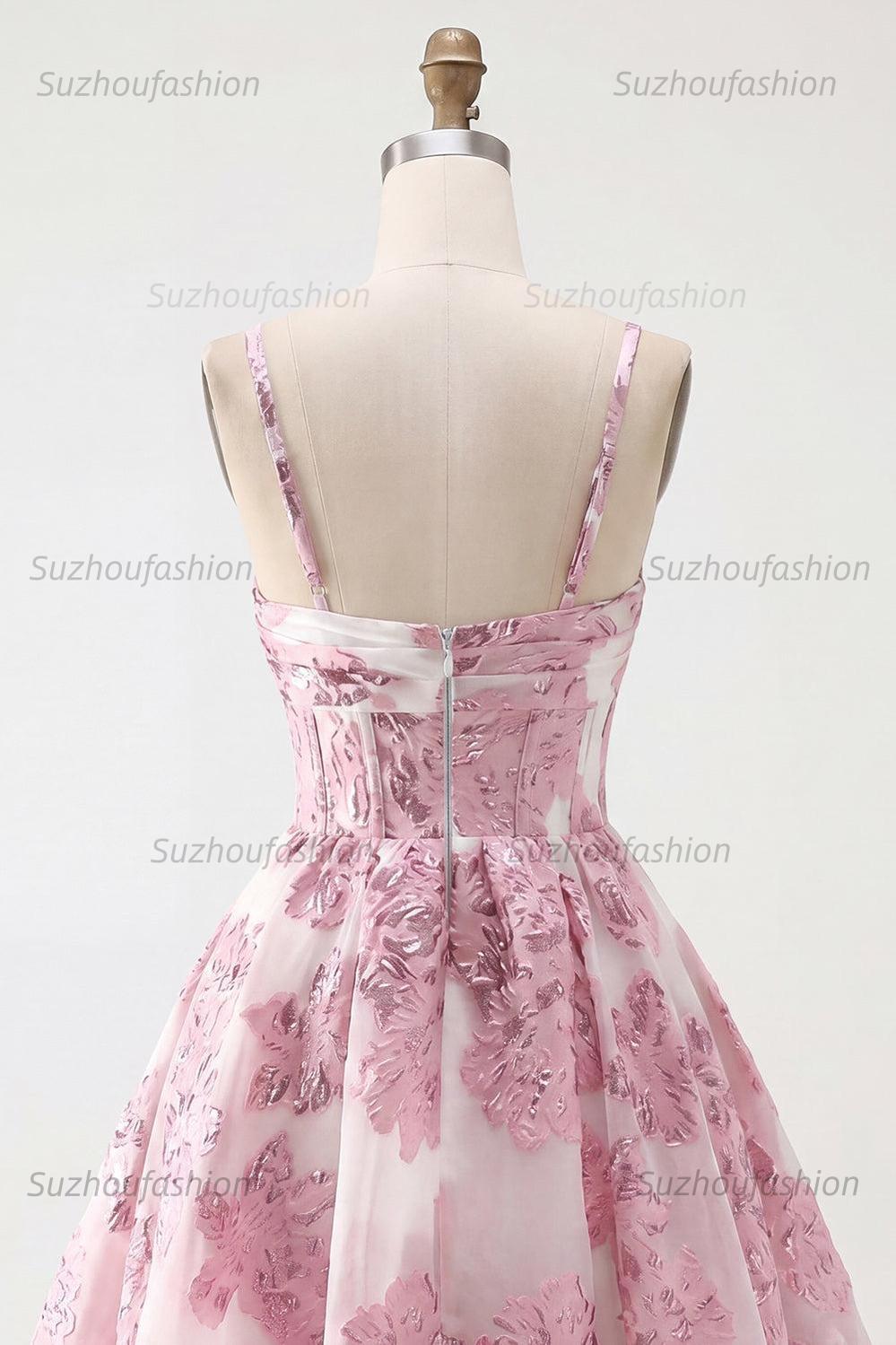 Suzhoufashion Pink Floral Keyhole Corset Short Homecoming Dress with 3D Flower