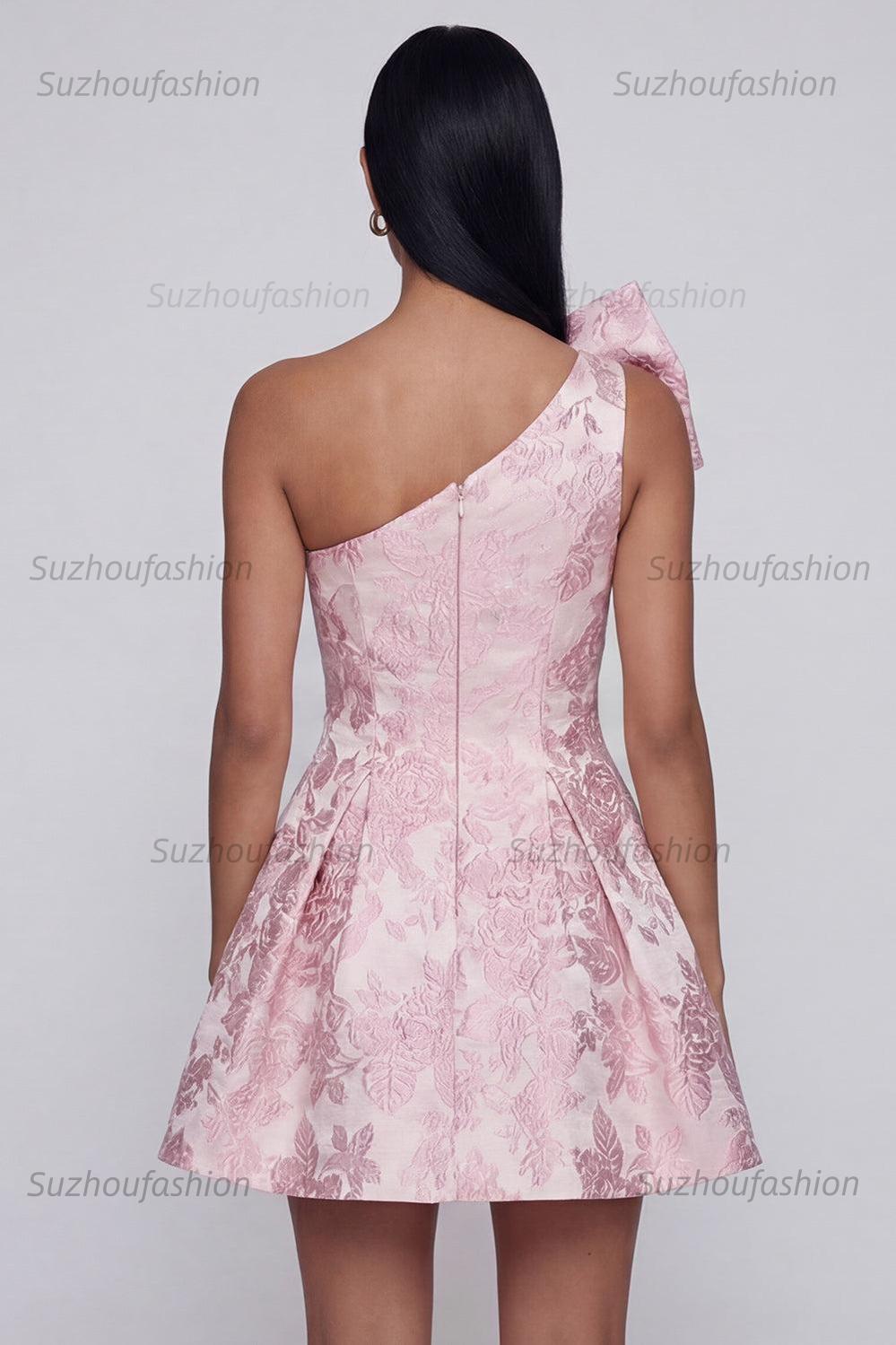 Suzhoufashion Pink Floral One Shoulder A-Line Short Cocktail Dress with Bow
