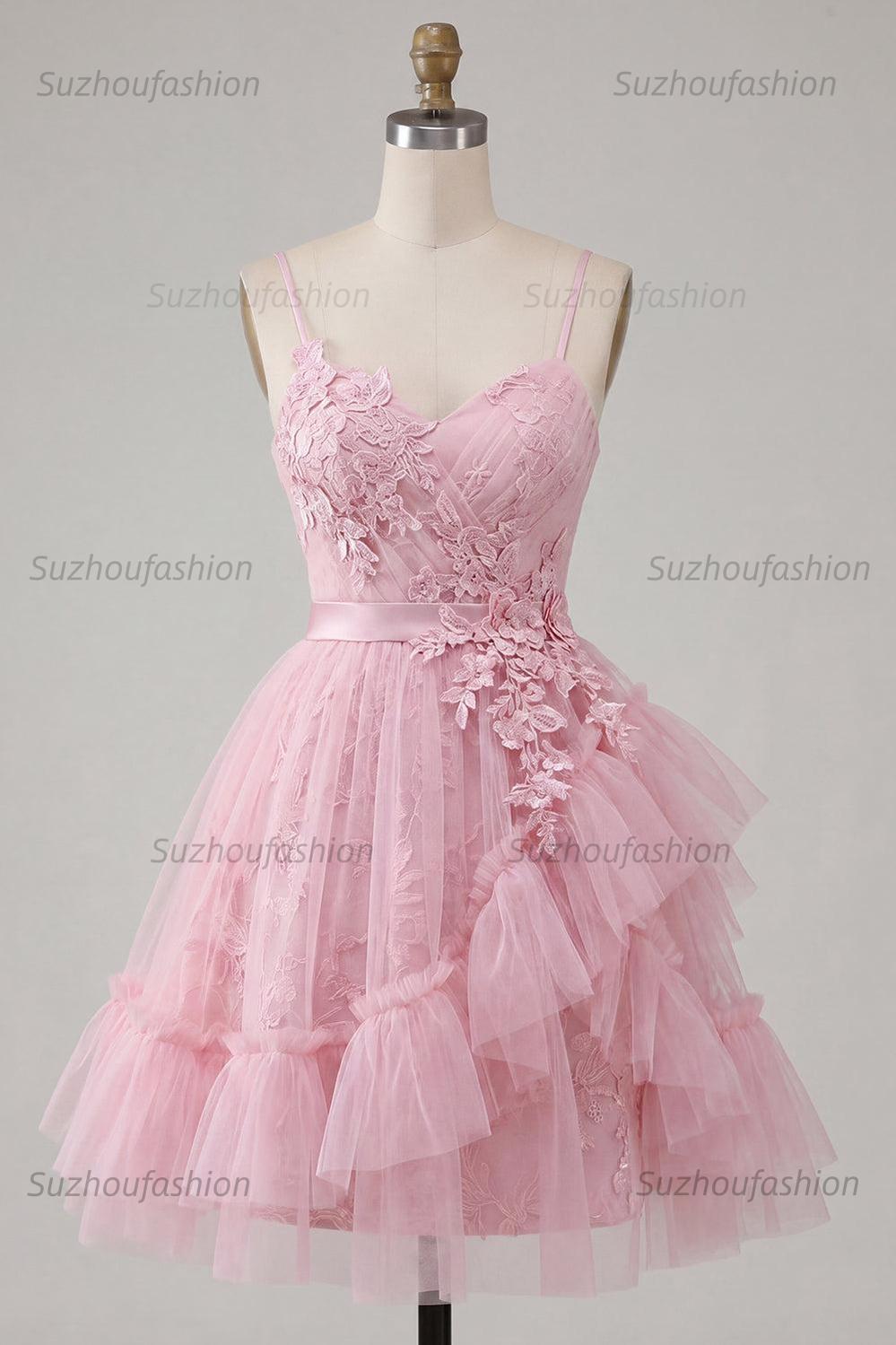 Suzhoufashion Pink Floral Spaghetti Straps Ruffled Tulle A-Line Short Homecoming Dress
