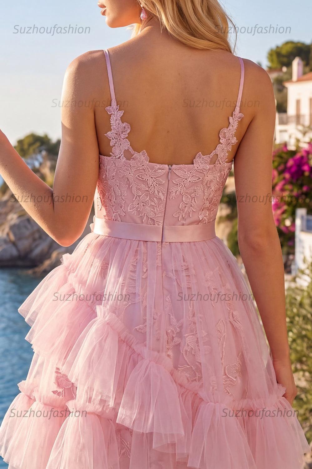 Suzhoufashion Pink Floral Spaghetti Straps Ruffled Tulle A-Line Short Homecoming Dress