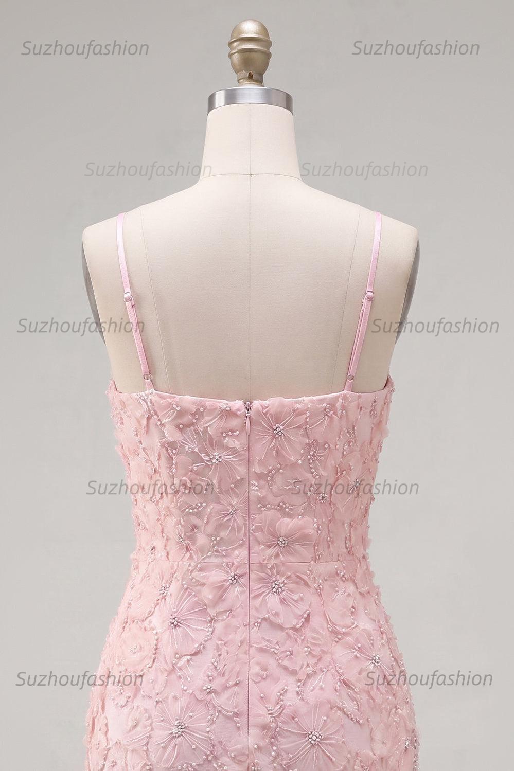 Suzhoufashion Pink Floral Spaghetti Straps Tight Short Homecoming Dress with Pearl Details