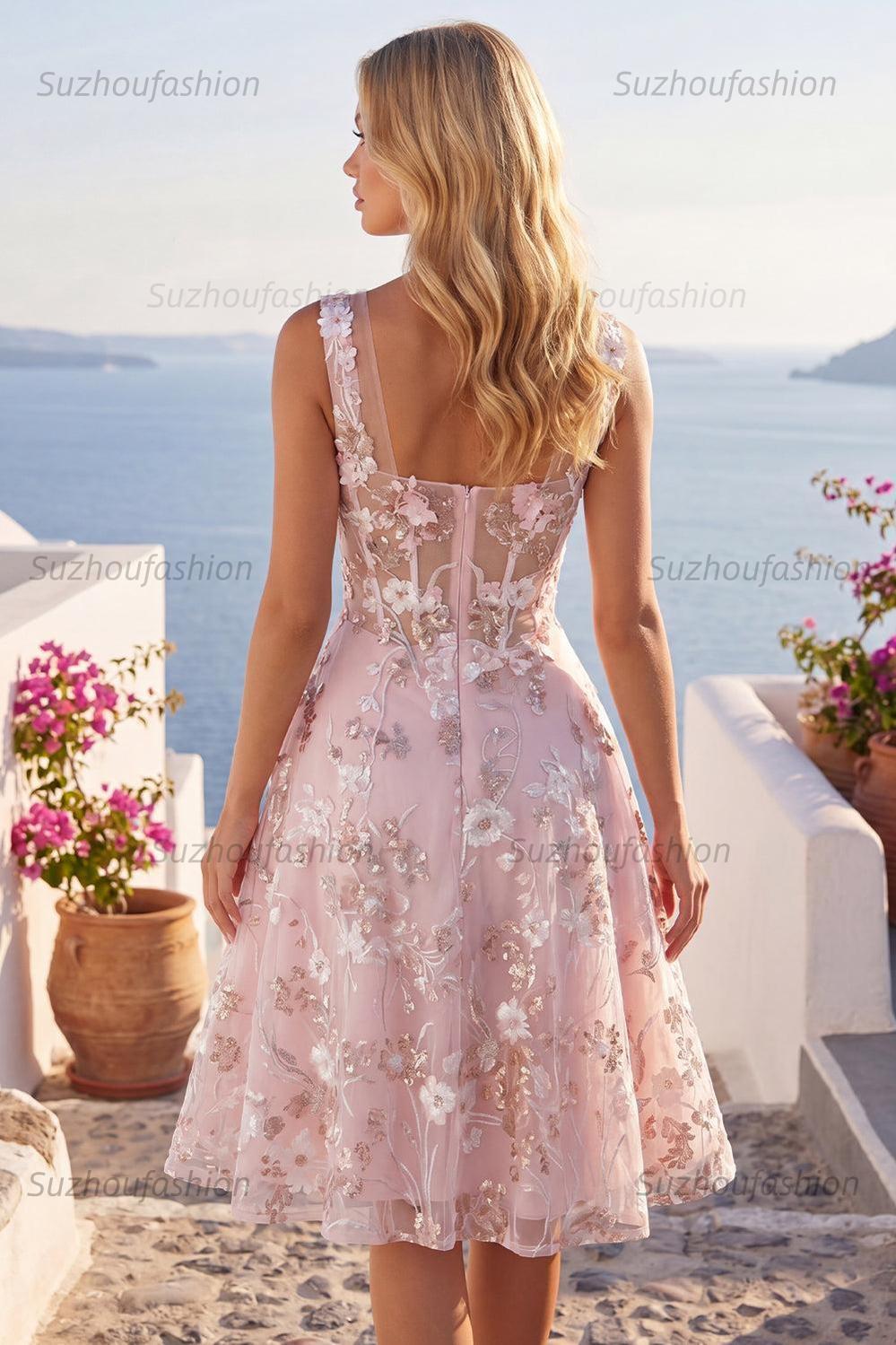 Suzhoufashion Pink Floral Square Neck A-Line Corset Short Homecoming Dress