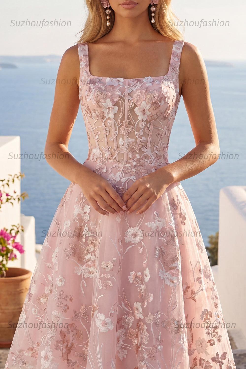 Suzhoufashion Pink Floral Square Neck A-Line Corset Short Homecoming Dress
