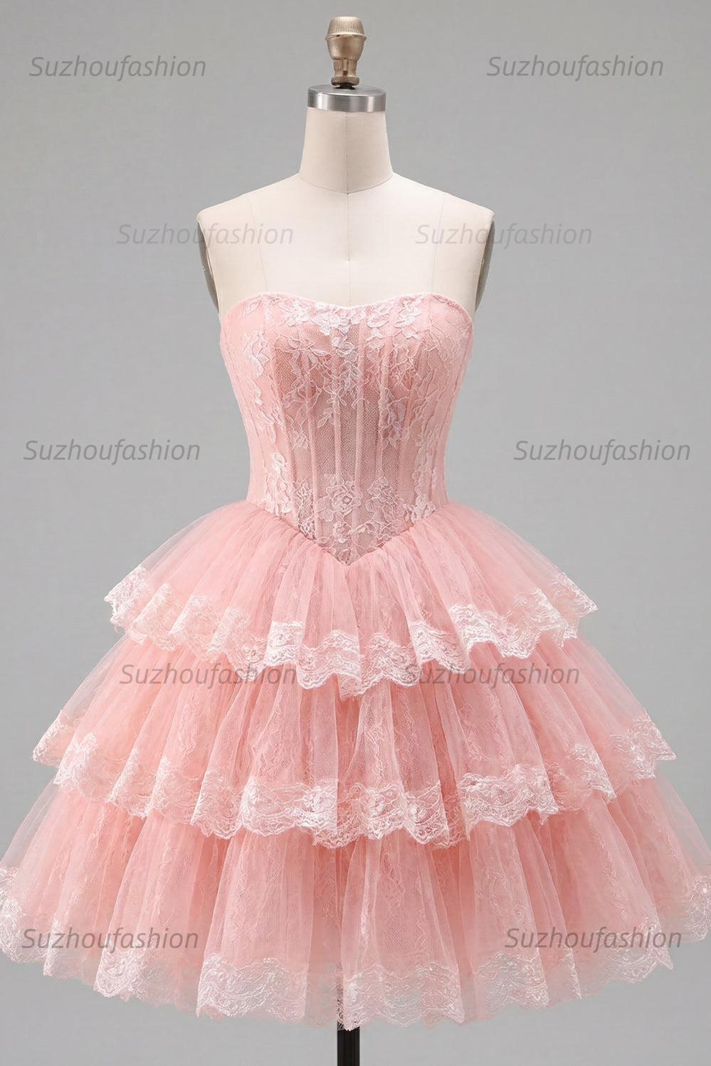 Suzhoufashion Pink Floral Strapless Lace Corset Short Homecoming Dress with Ruffles