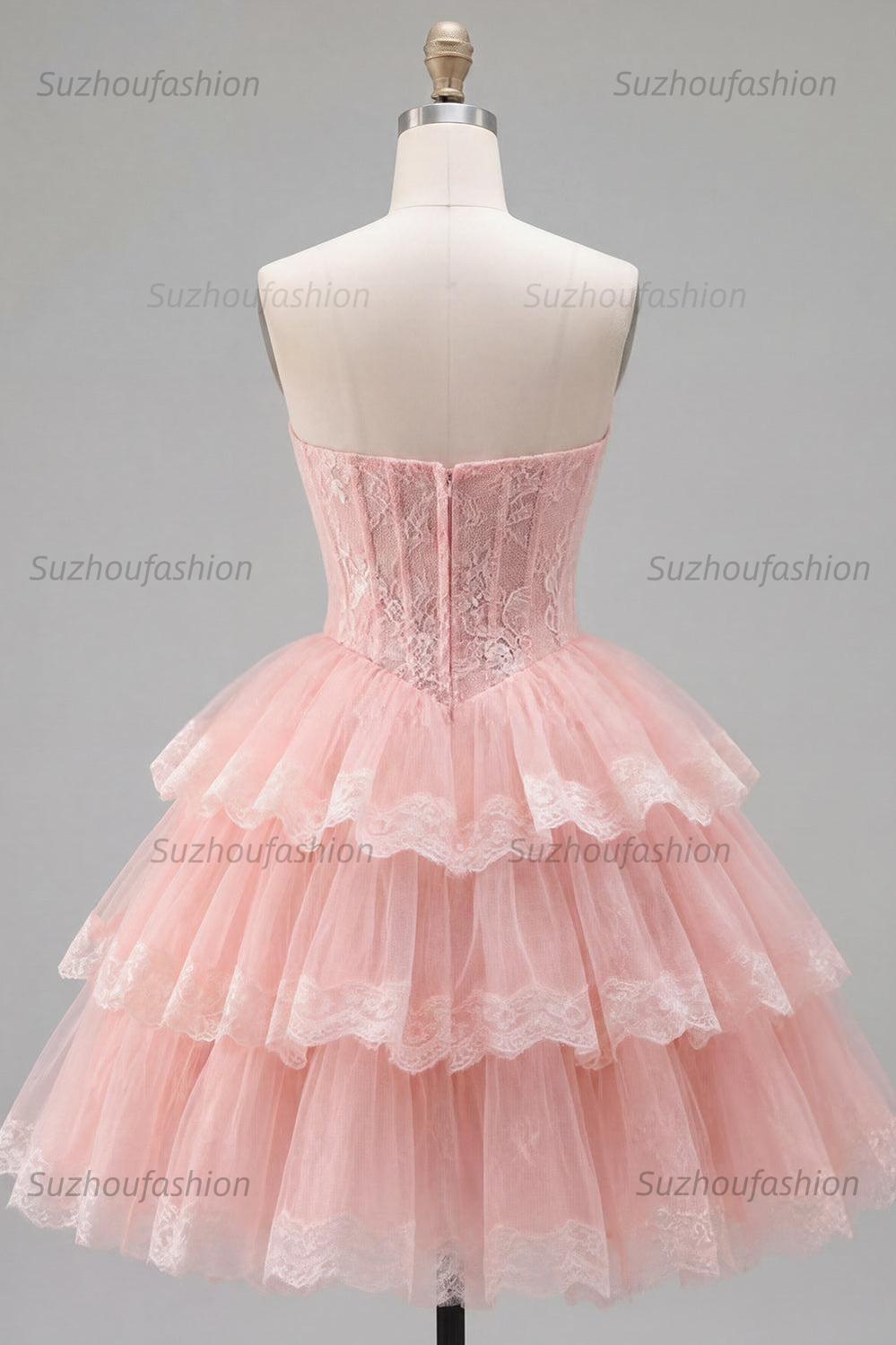 Suzhoufashion Pink Floral Strapless Lace Corset Short Homecoming Dress with Ruffles