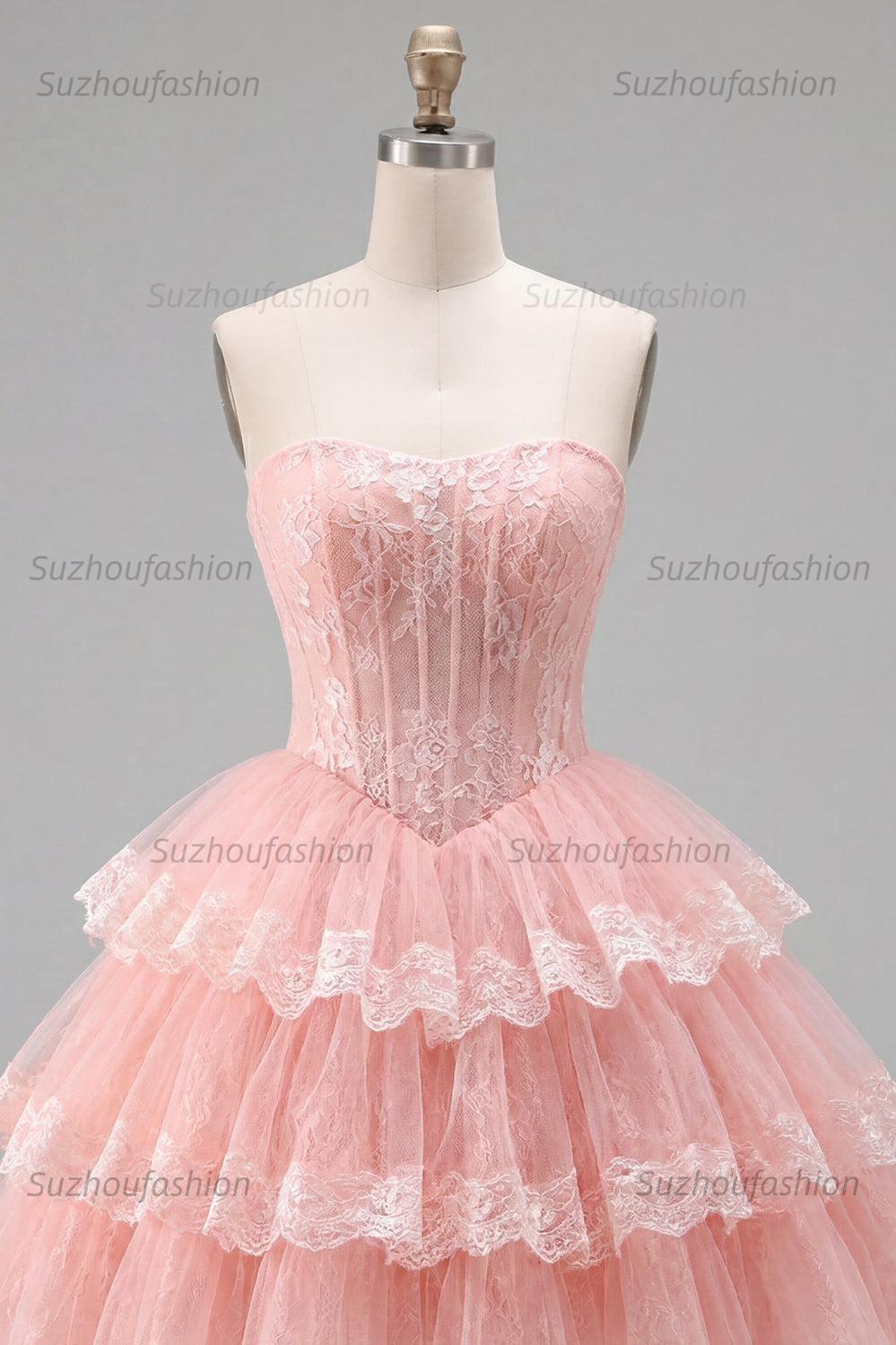 Suzhoufashion Pink Floral Strapless Lace Corset Short Homecoming Dress with Ruffles