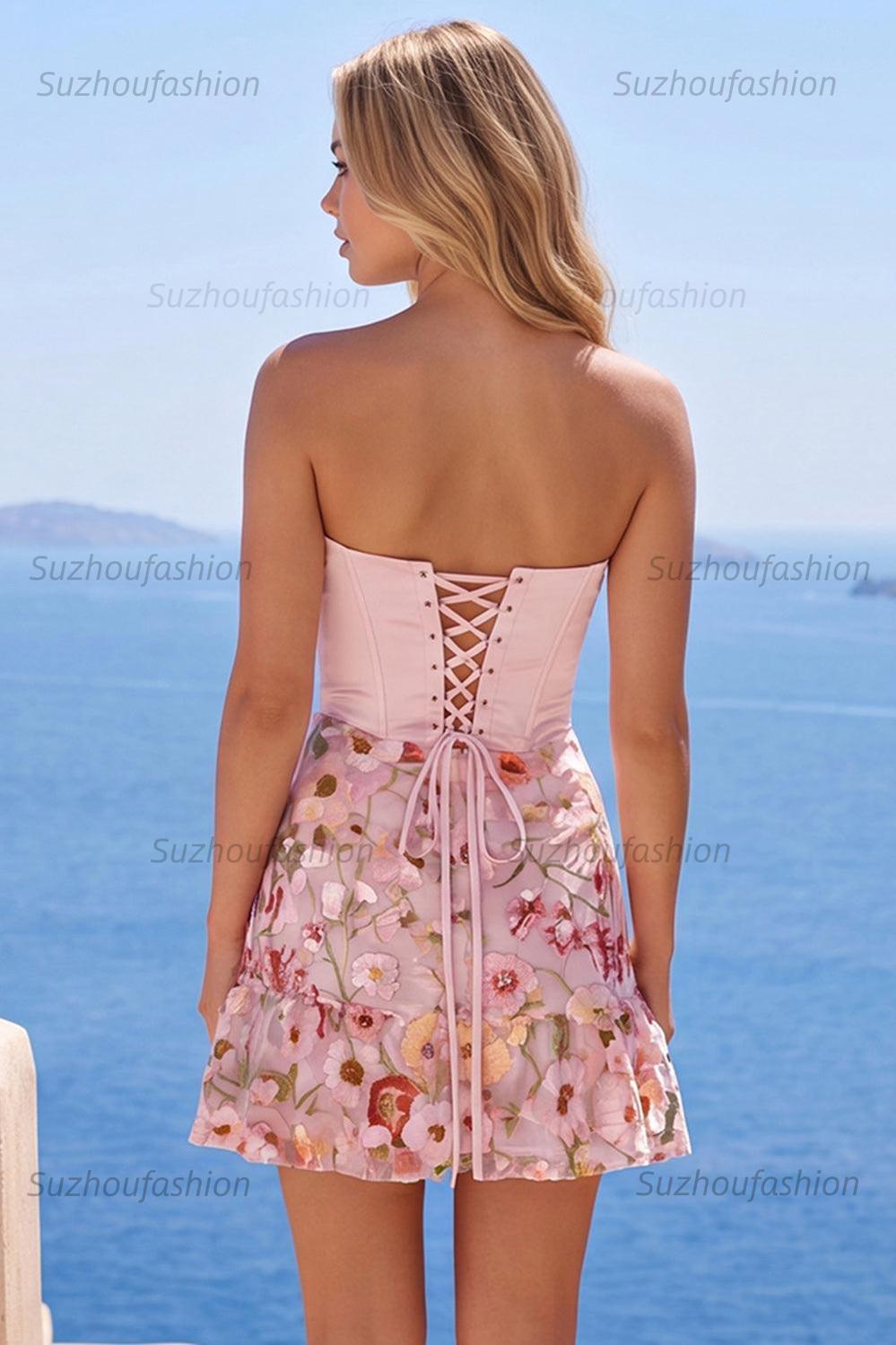 Suzhoufashion Pink Floral Strapless Ruched A-Line Corset Short Homecoming Dress