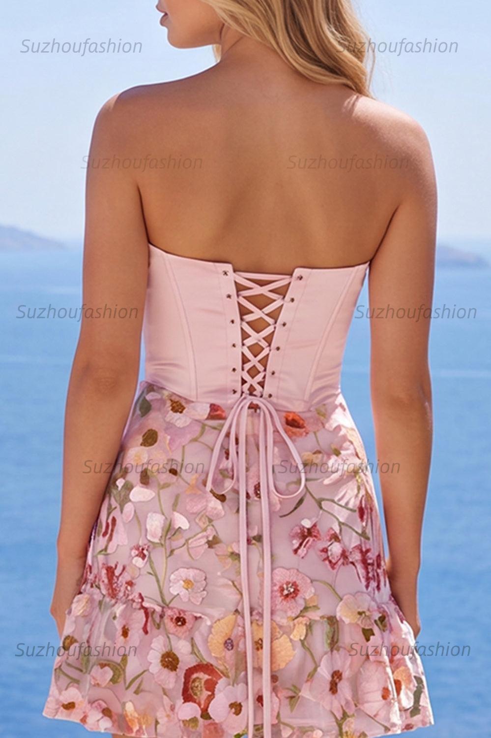 Suzhoufashion Pink Floral Strapless Ruched A-Line Corset Short Homecoming Dress