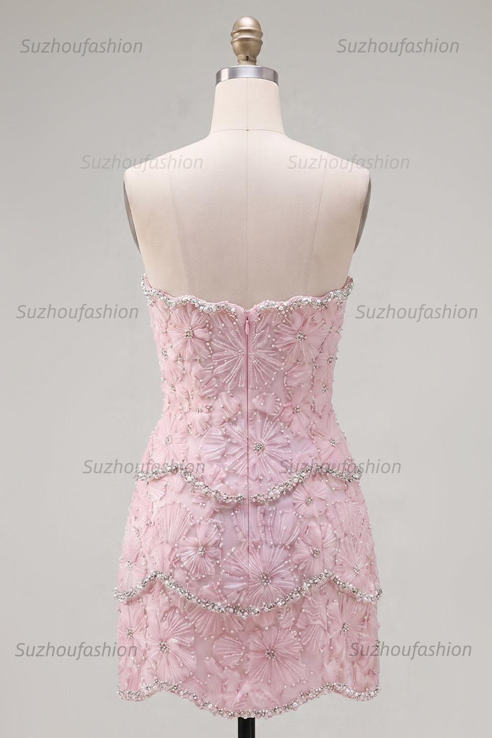 Suzhoufashion Pink Floral Strapless Tight Short Homecoming Dress with Pearl Details