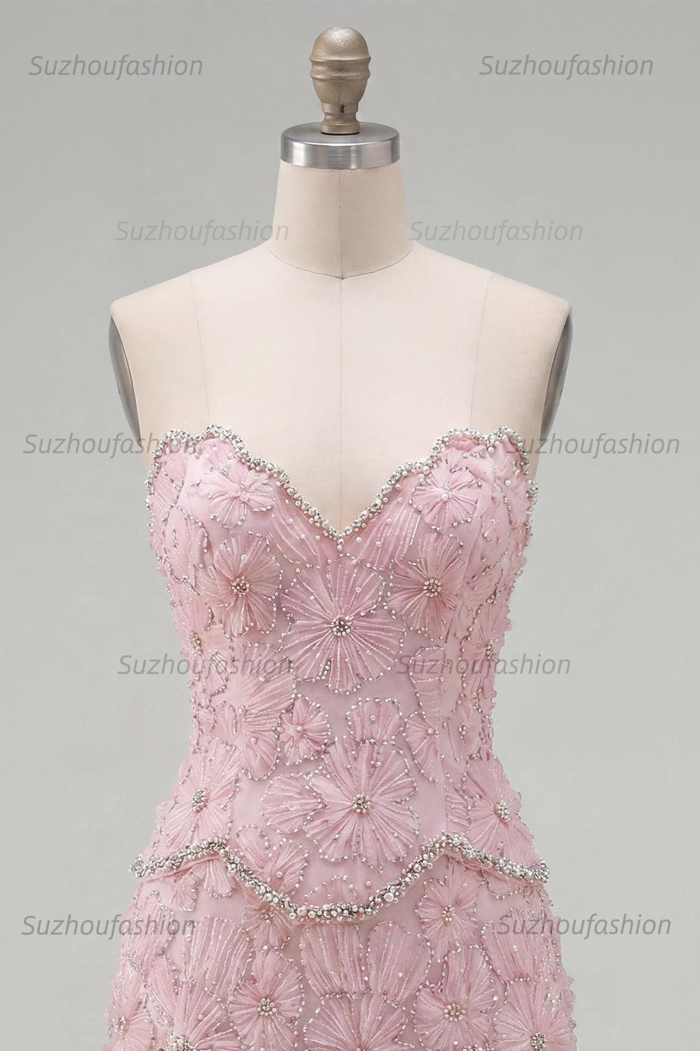 Suzhoufashion Pink Floral Strapless Tight Short Homecoming Dress with Pearl Details
