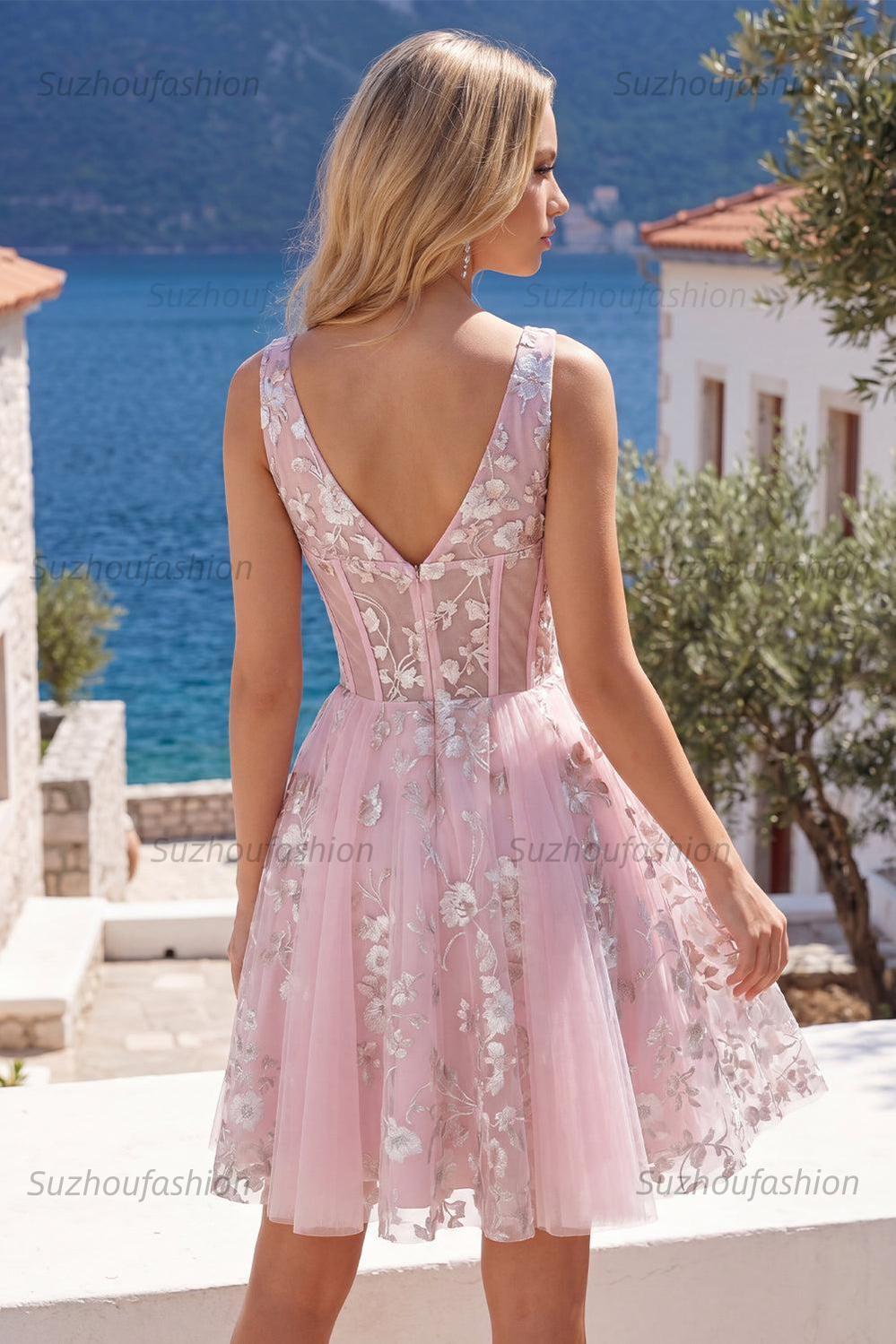 Suzhoufashion Pink Floral V-Neck A-Line Corset Short Homecoming Dress