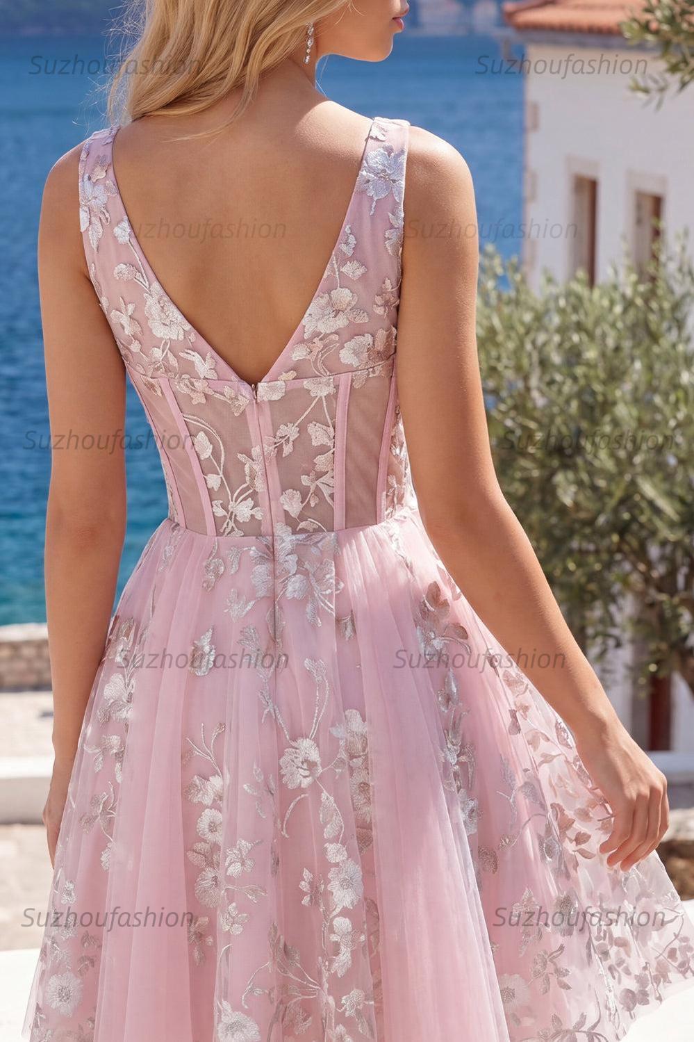 Suzhoufashion Pink Floral V-Neck A-Line Corset Short Homecoming Dress